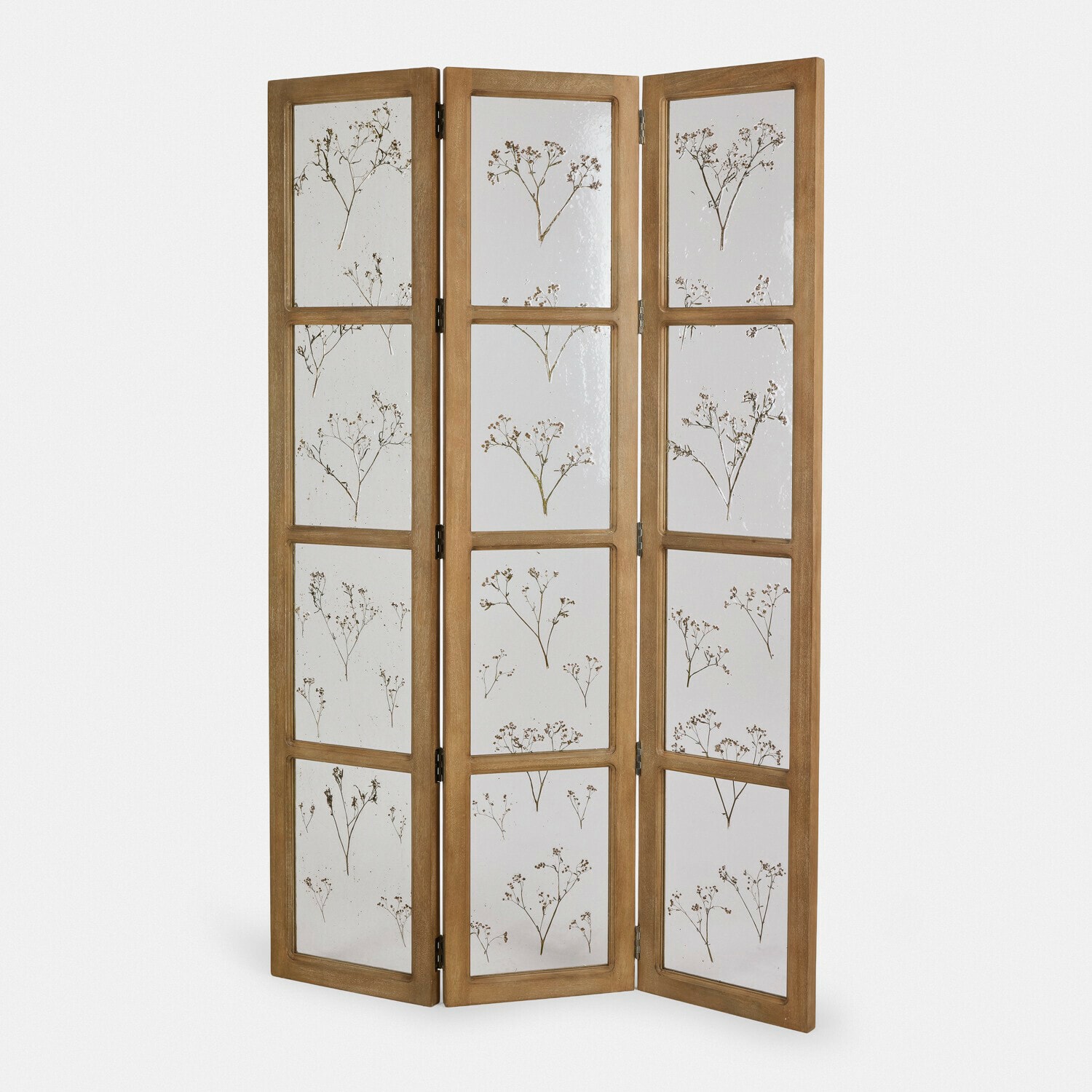 Paravent Somerlyn Dreiteiliger Paravent aus Holz mit Glas und getrockneten Blumen als dekoratives Motiv