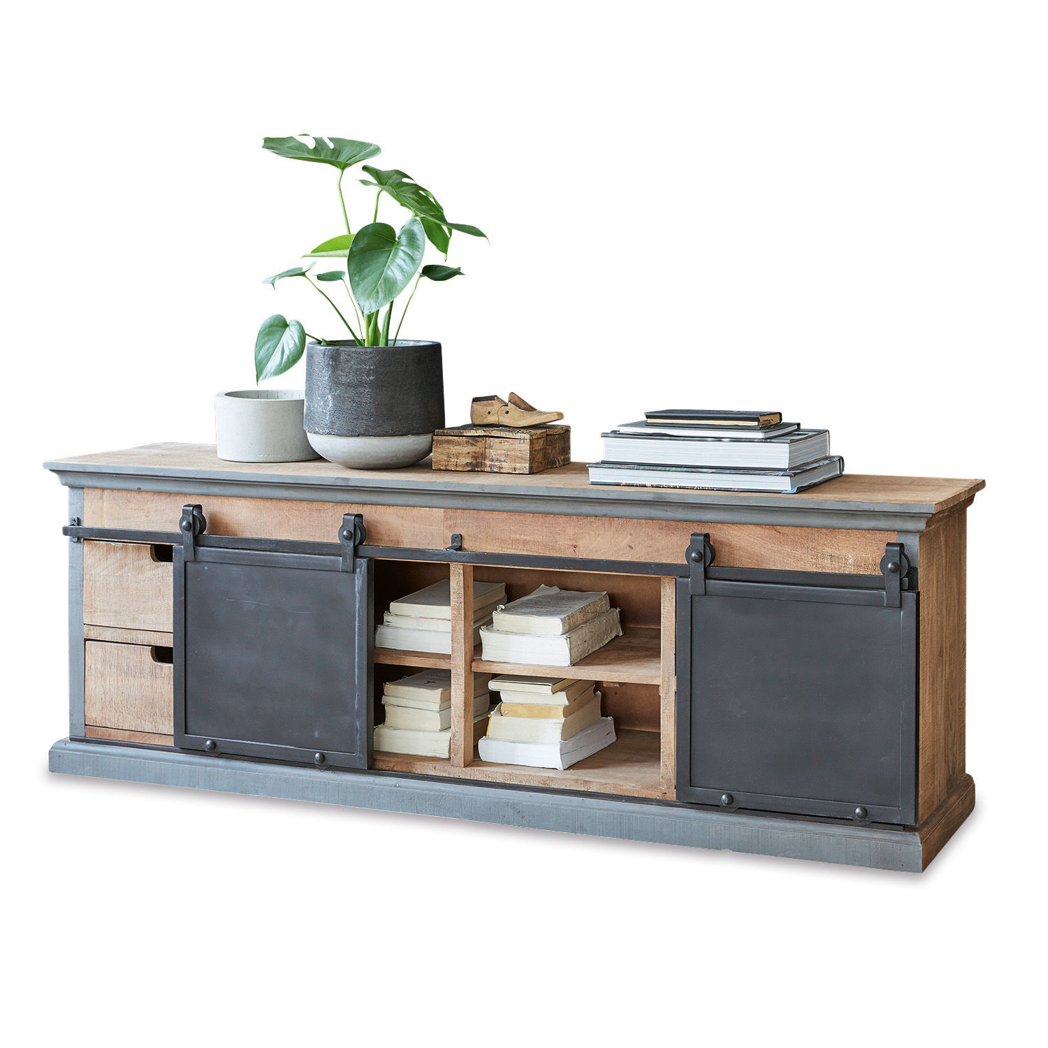 Sideboard Vulmont Holzsideboard mit schwarzen Metal-Schiebetüren und offenen Fächern, dekoriert mit Pflanze und Büchern