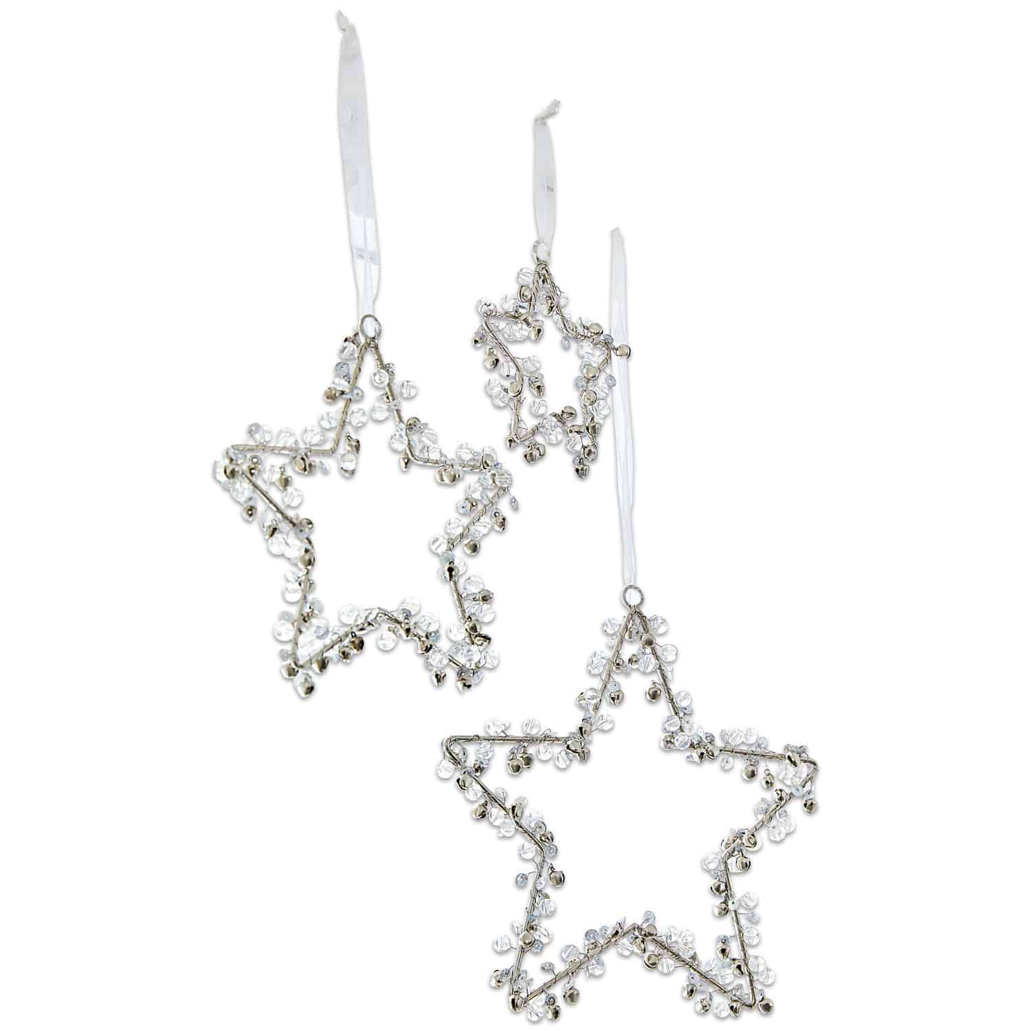 Weihnachtsschmuck 3er Set Harley Drei dekorative Sterne aus Metall mit transparenten Perlen an weissen Bändern, Weihnachtsdekoration