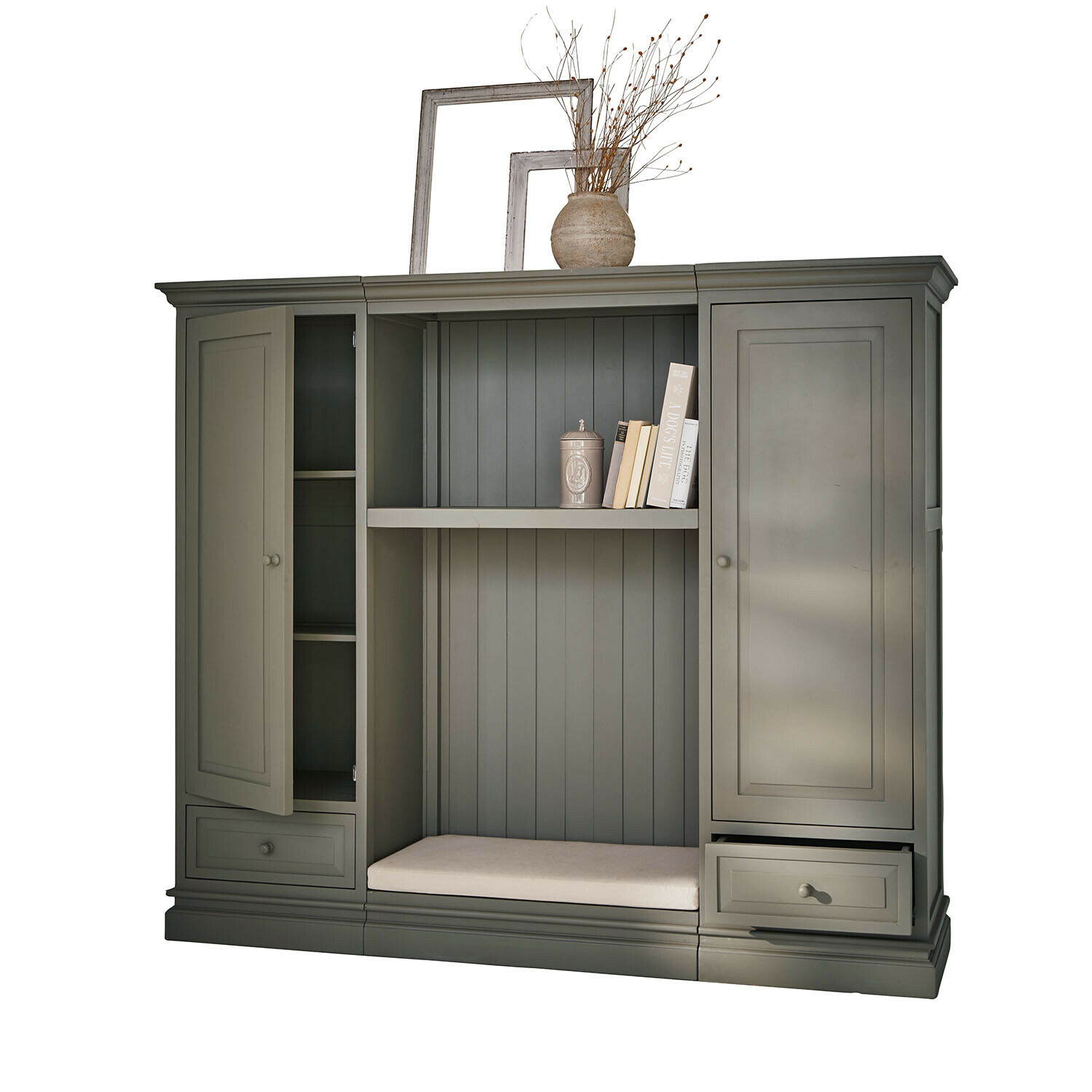 Schrank Stoneleighs Grauer Holzschrank mit Sitzfläche und Bücherregal, praktisches Aufbewahrungsmöbel