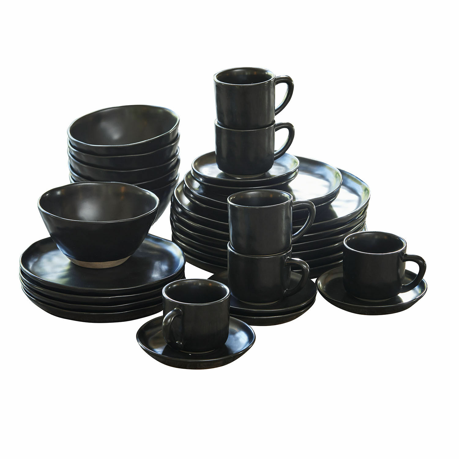 Geschirr 30er Set Biarré Schwarzes Keramik-Geschirrset mit Tasse, Tellern und Schale mit naturfarbenem Boden