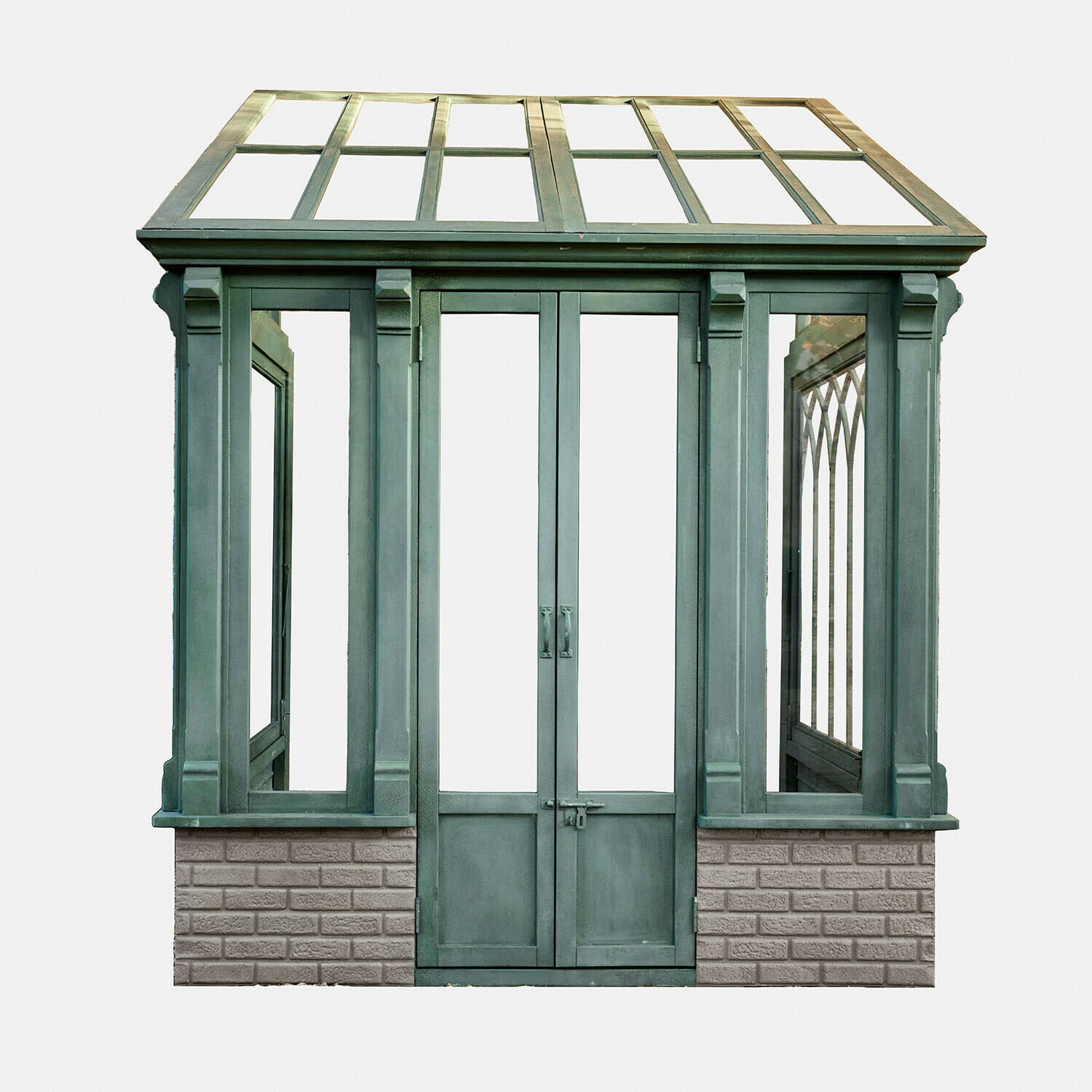 Grünes Metall-Gewächshaus mit Ziegelsteinbasis, ideal für Garten und Pflanzenanbau