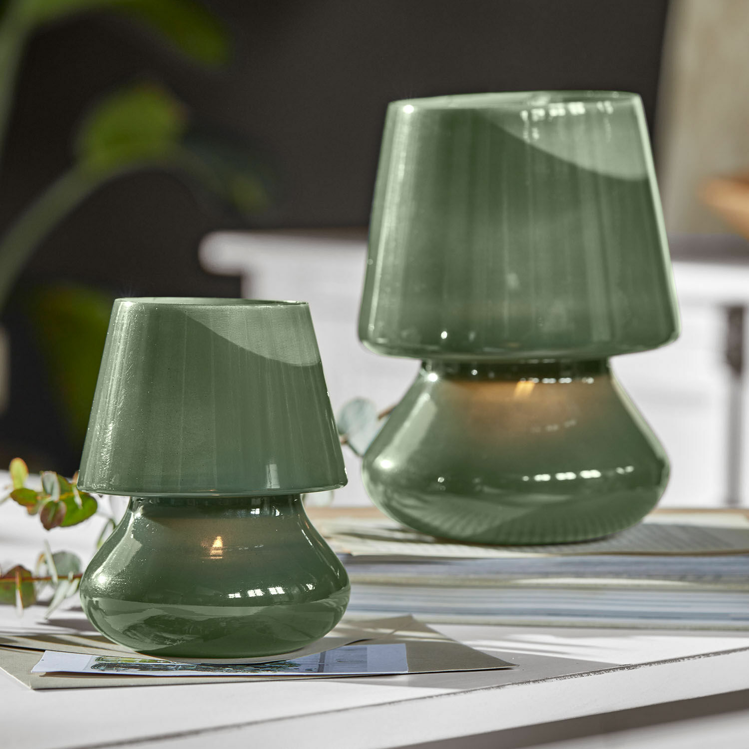 Windlicht 2er Set Sorrivella Grüne Keramik-Tischlampen mit modernem Design, dekorative Wohnraumbeleuchtung