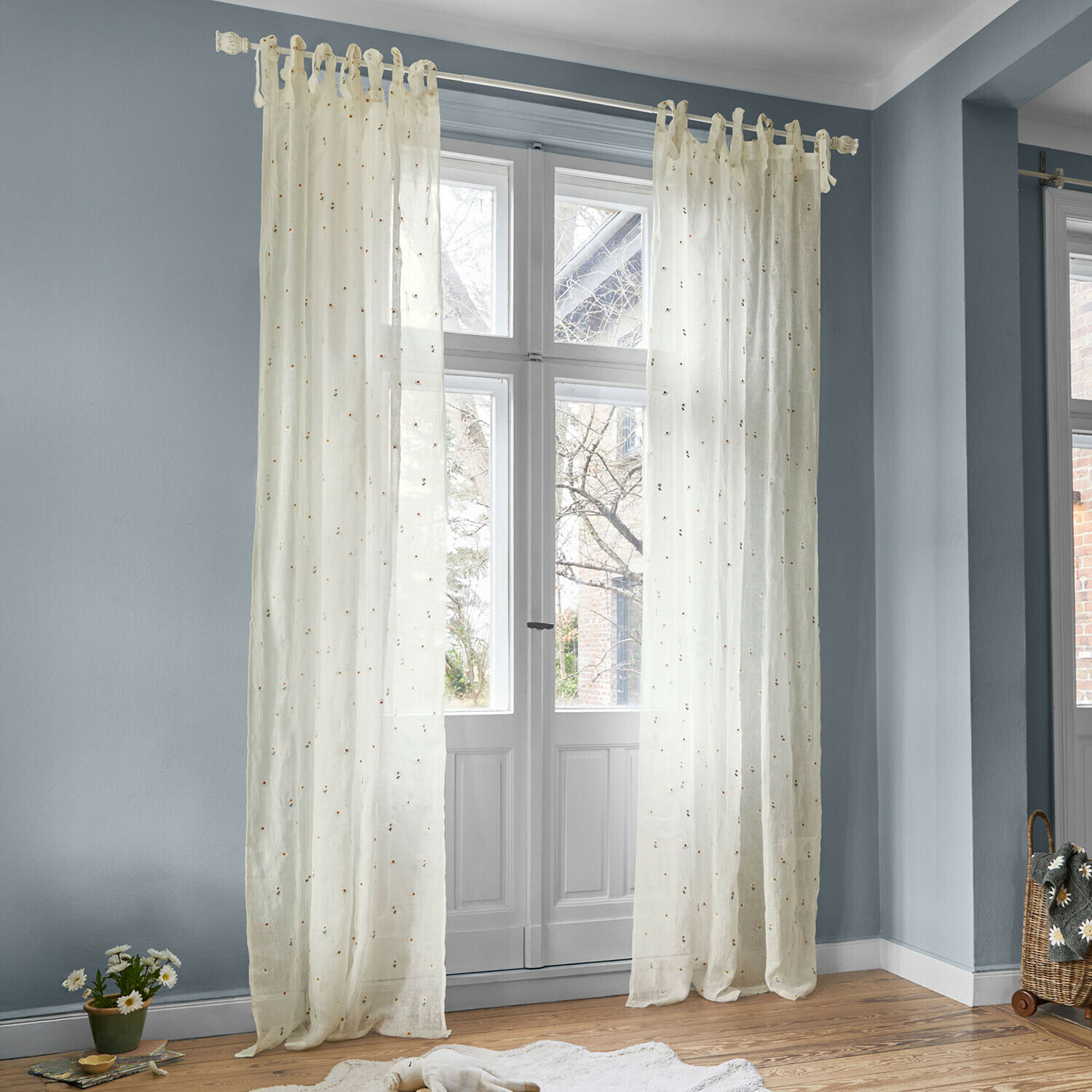 Gardine Poppeline Transparente cremefarbene Vorhänge mit zartem Blumenmuster, Fensterdekoration fürs Wohnzimmer