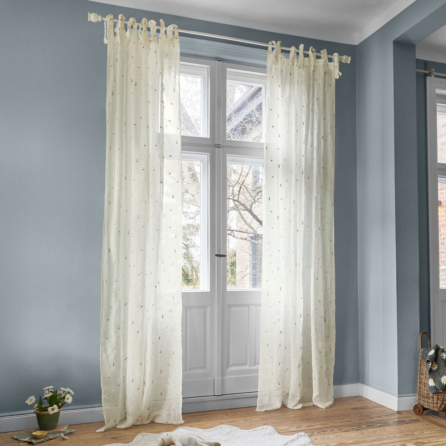 Gardine Poppeline Transparente cremefarbene Vorhänge mit zartem Blumenmuster, Fensterdekoration fürs Wohnzimmer