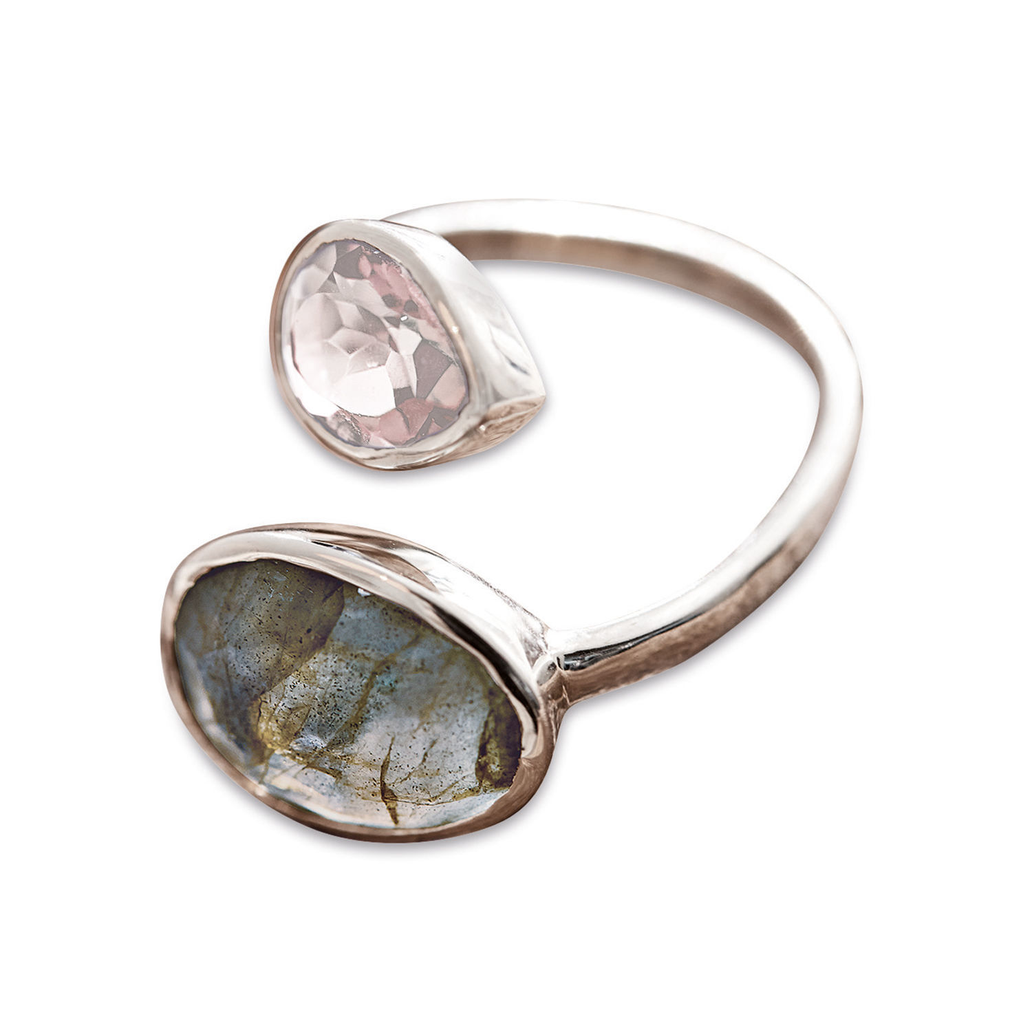 Silberner Ring mit rosa und blauem Stein, eleganter Damenschmuck