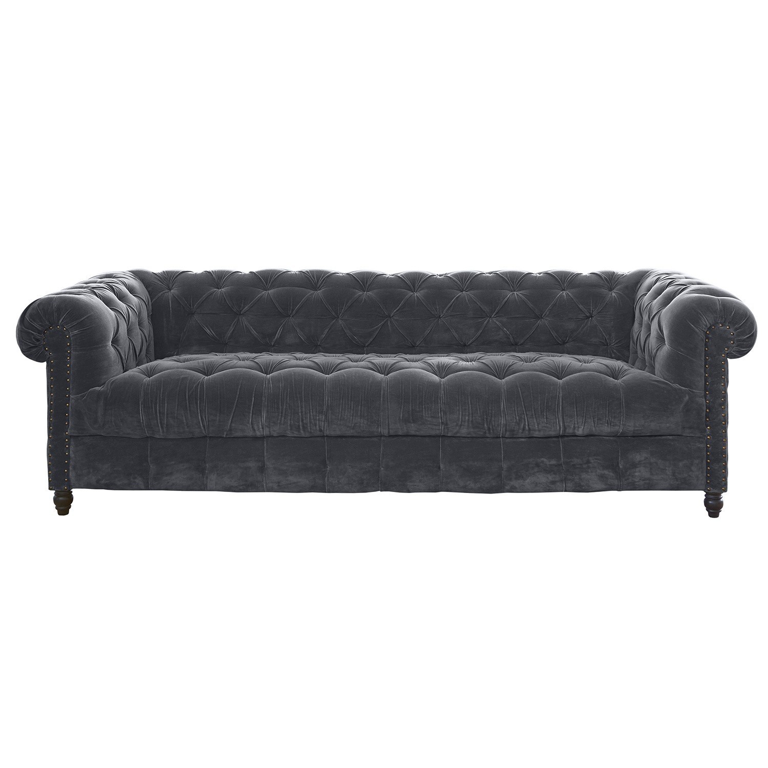 grau Graues Samtsofa Parpeville mit gestepptem Rückenlehne und dekorativen Nägeln, elegantes Wohnzimmermöbel