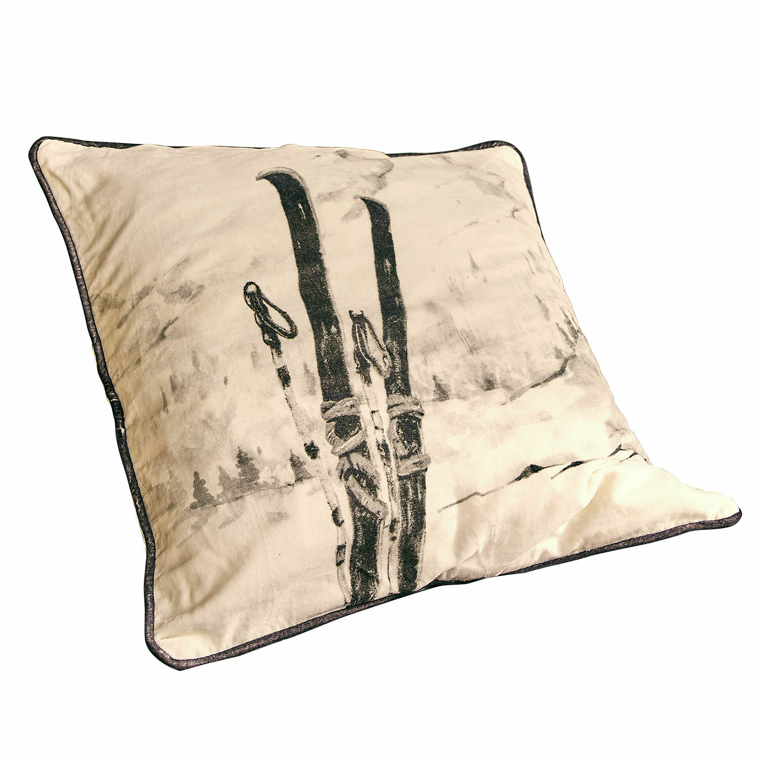 Kissenhülle Finorel Beiges Baumwollkissen mit Ski-Motiv, Winterdekoration, gemütliches Wohnaccessoire