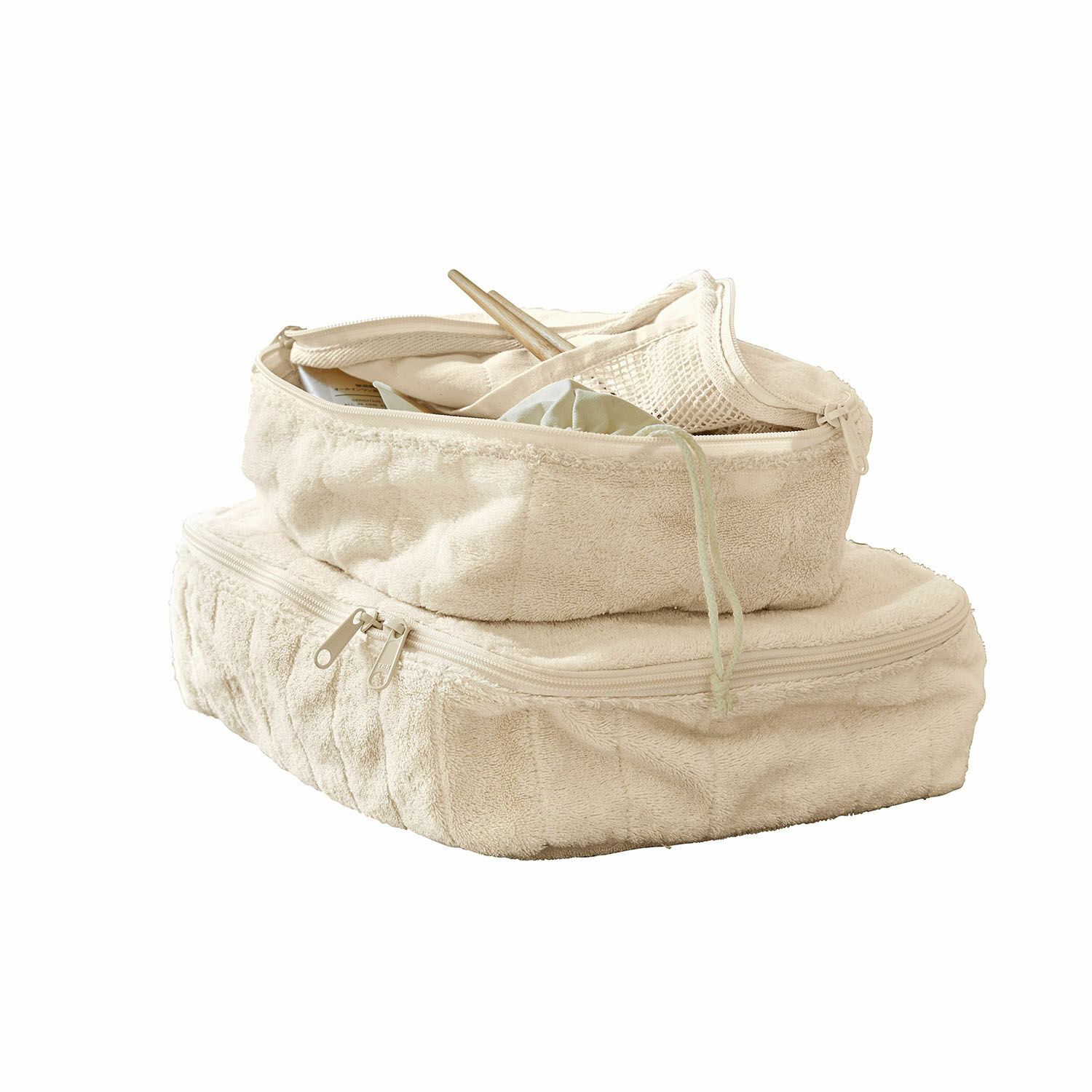 Kosmetiktasche 2er Set Invarel Beige weiche Frottee-Taschen mit Reissverschlüssen zur Aufbewahrung und praktischen Organisation