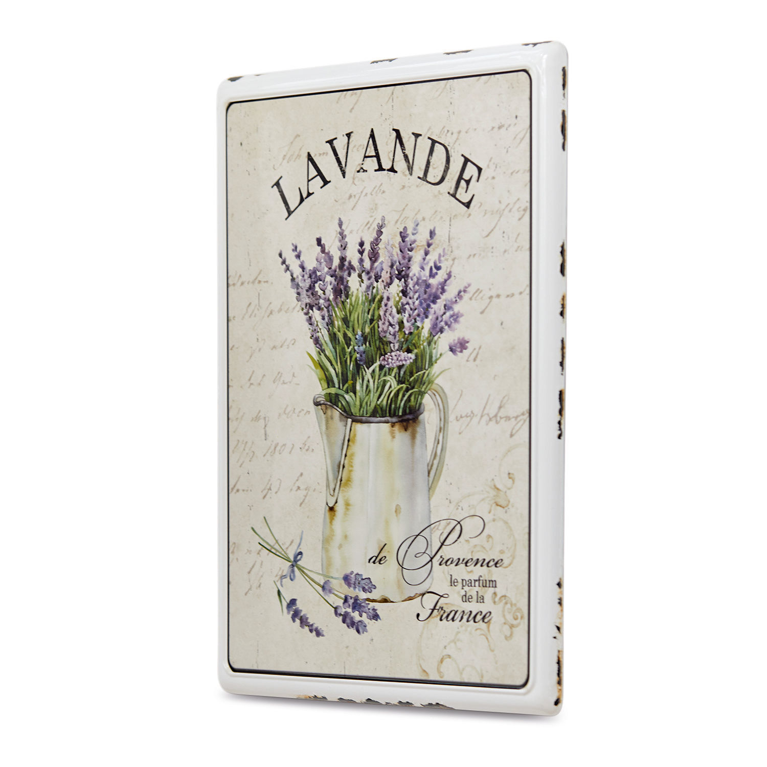 Dekoboard Lavande Metall-Wandschild mit Lavendel in weissem Krug auf beigem Hintergrund und französischem Schriftzug