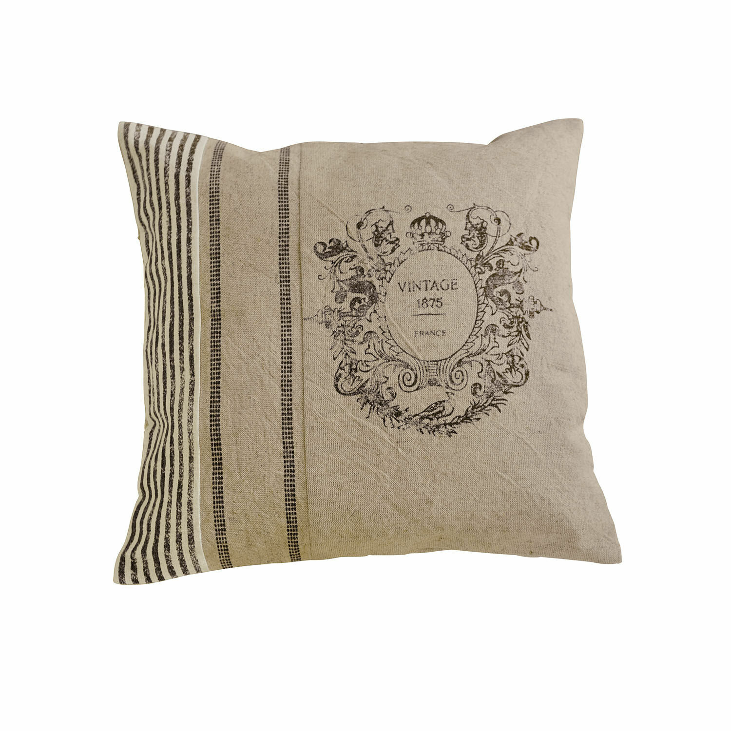 Kissenhülle Lélex Beiges Baumwollkissen mit Vintage-Druck und Streifen, rustikales Wohnaccessoire