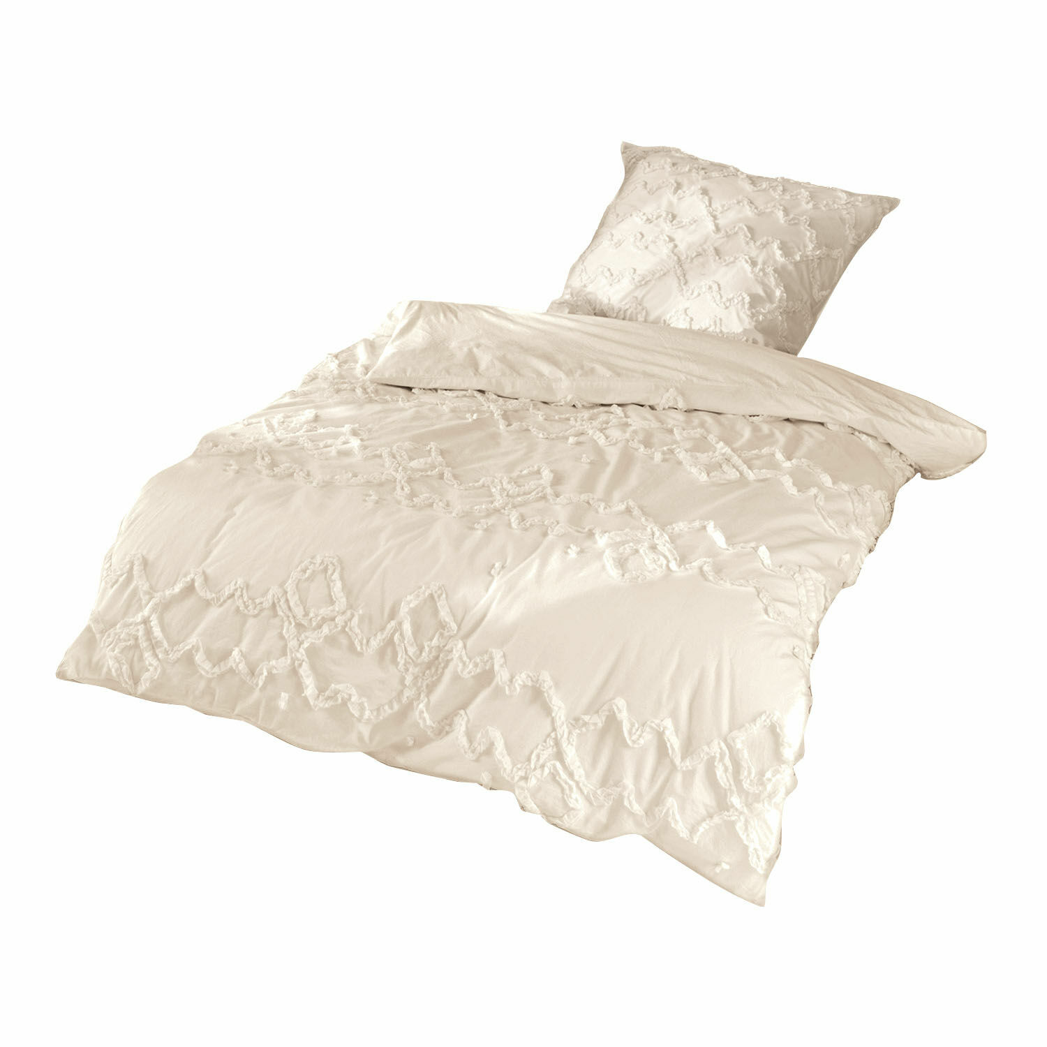 weiss Cremefarbene Bettwäsche mit zartem Muster aus weichem Stoff, ideal fürs Schlafzimmer.
