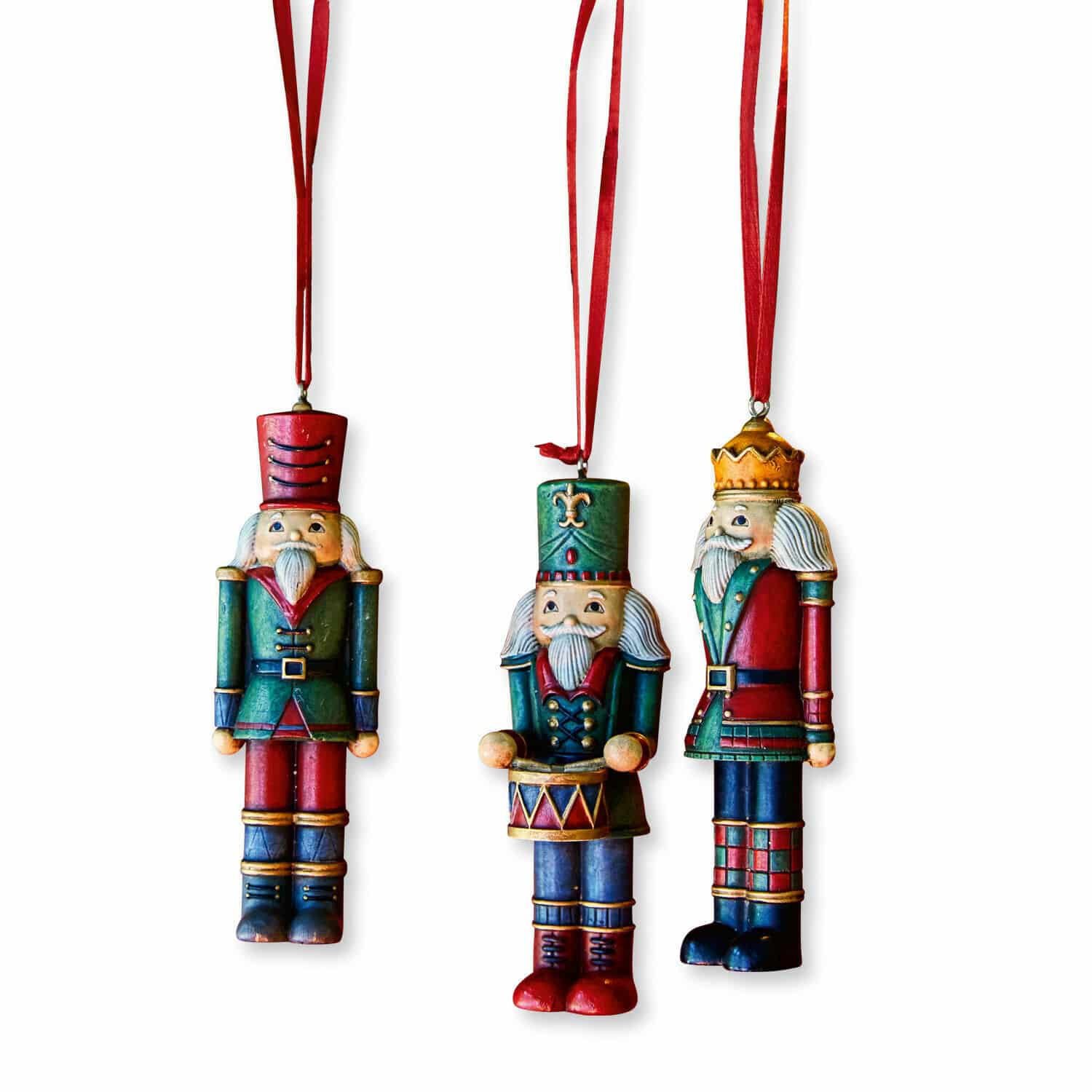 Anhänger 3er Set Laudat Set aus drei hölzernen Weihnachtsbaumfiguren in Form von Soldaten in Rot und Grün