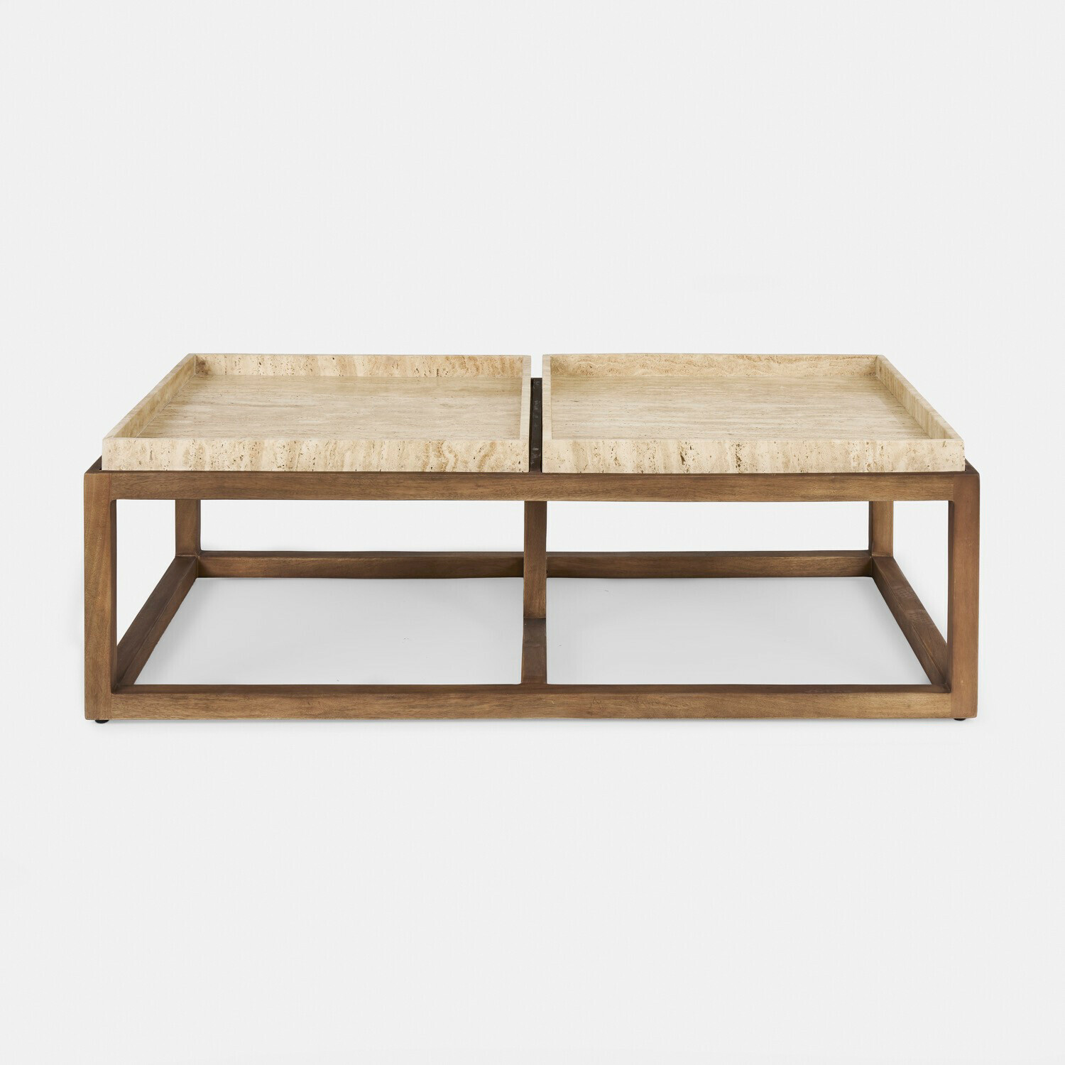 Couchtisch Edwyn Moderner Couchtisch aus hellem Holz mit beigem Marmorplatte, stilvolles Wohnzimmermöbel
