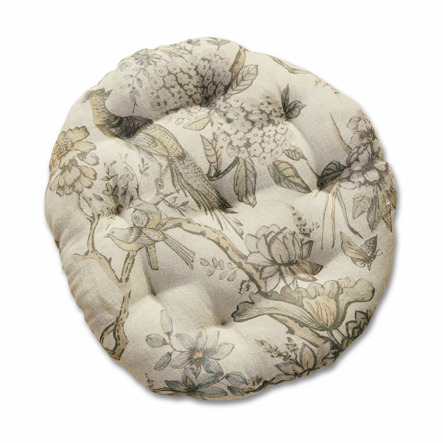 Sitzkissen Kayla Rundes Baumwoll-Stuhlkissen in Beige mit Blumen- und Vogeldesign für Komfort