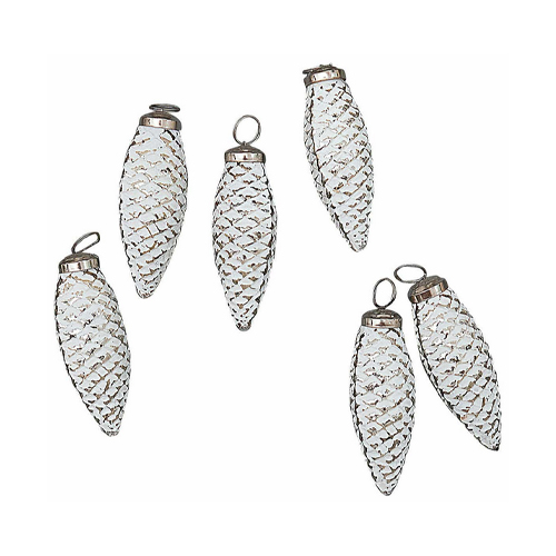 Sechsteiliges Set weisser Glas-Tannenzapfen mit Metallösen als Weihnachtsdekoration