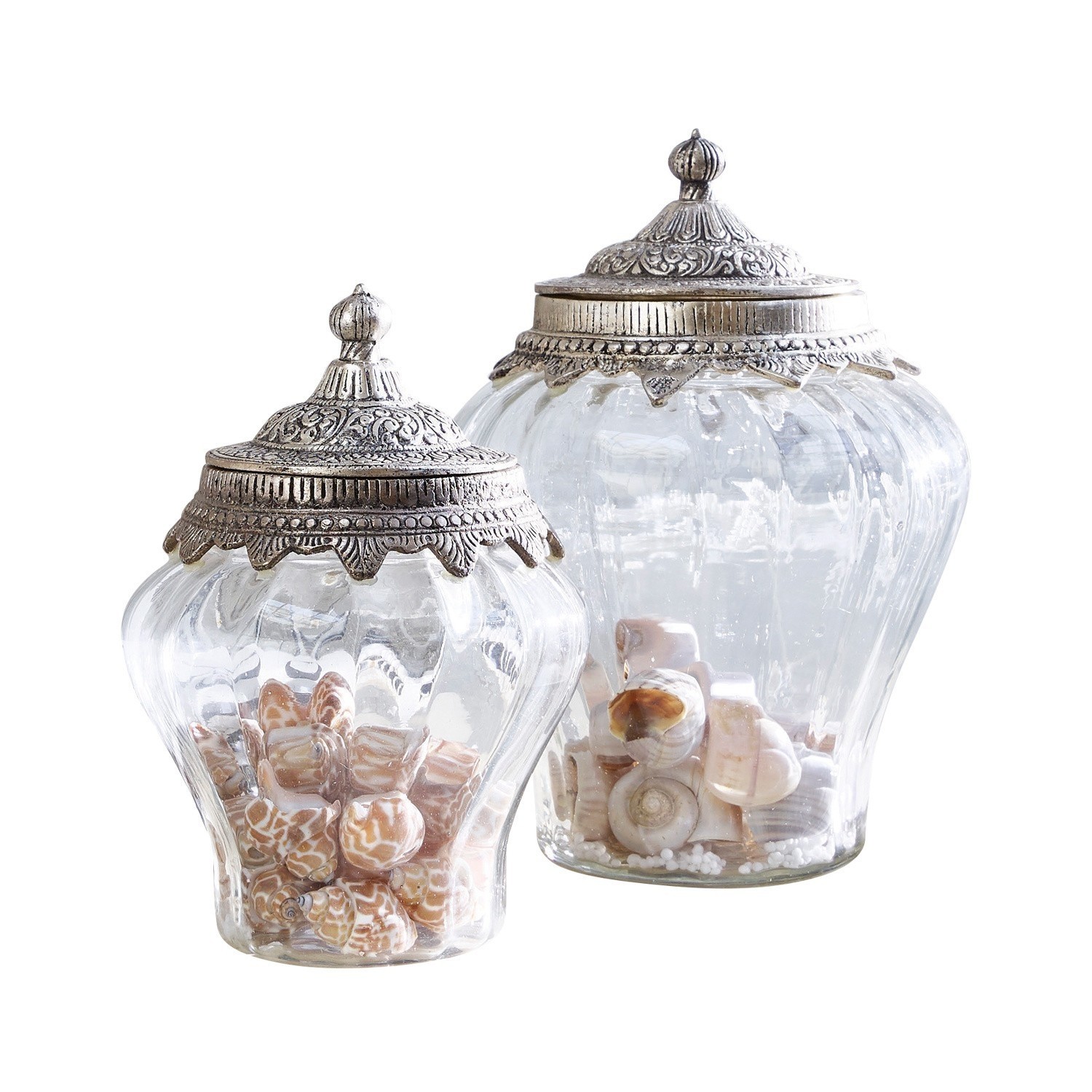 Glasdose 2er Set Isaline Zwei dekorative Glasgefässe mit Metalldeckeln, gefüllt mit Muscheln, Wohnaccessoire