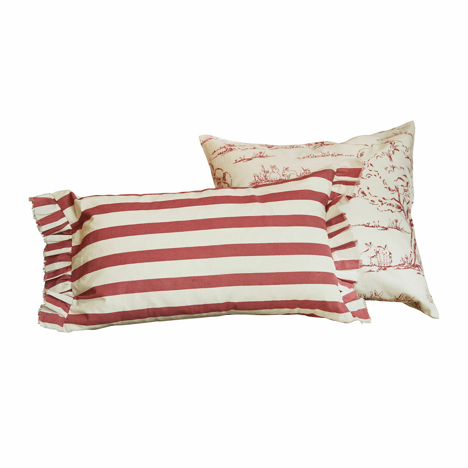 Kissenhülle 2er Set Fleurine Set aus zwei Baumwollkissen mit rot-weissen Streifen und Hasenmotiven als Dekoration