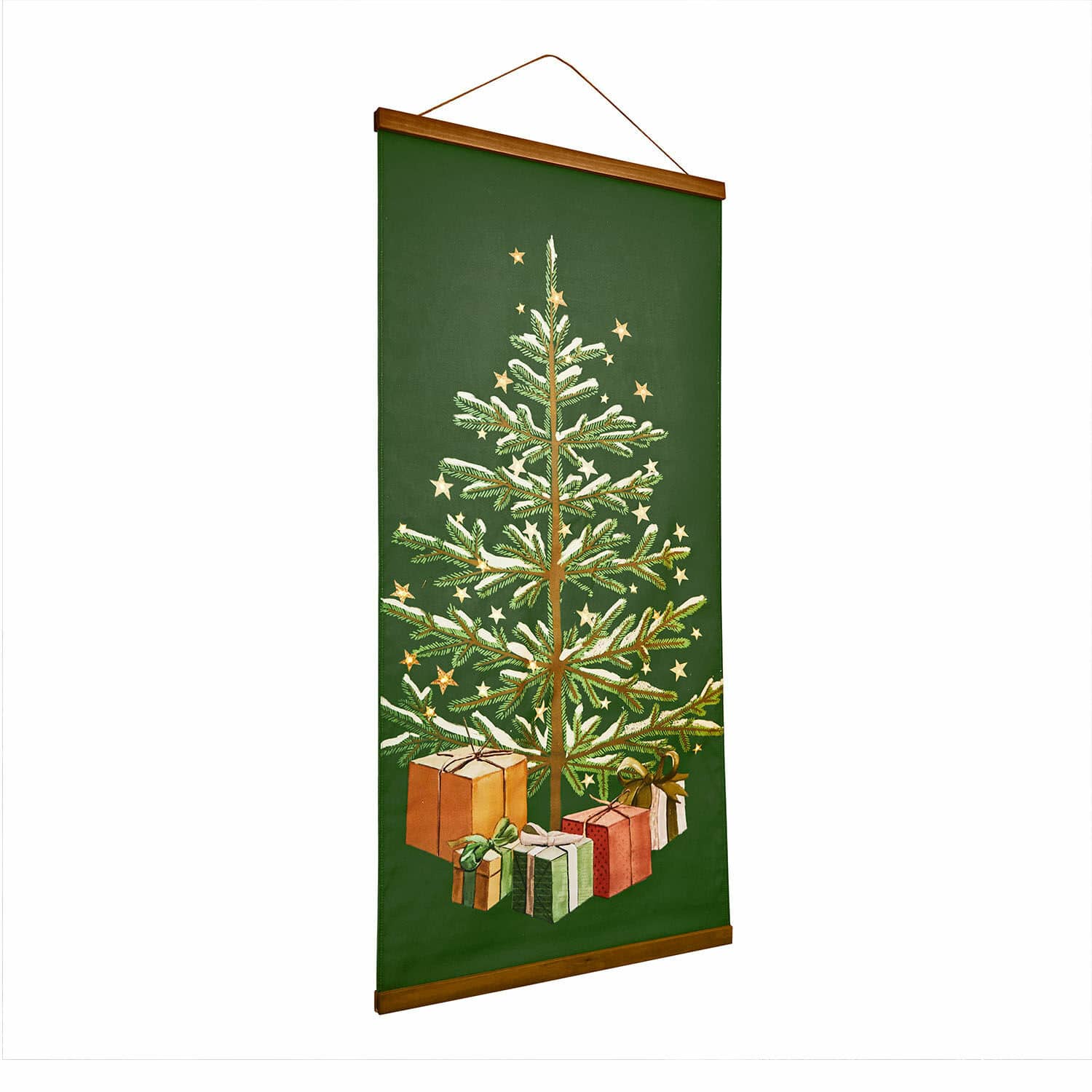 Bild mit LED Naluma Grünes Wandbild aus Stoff mit Weihnachtsbaum und Geschenken, festliche Wohnraumdekoration
