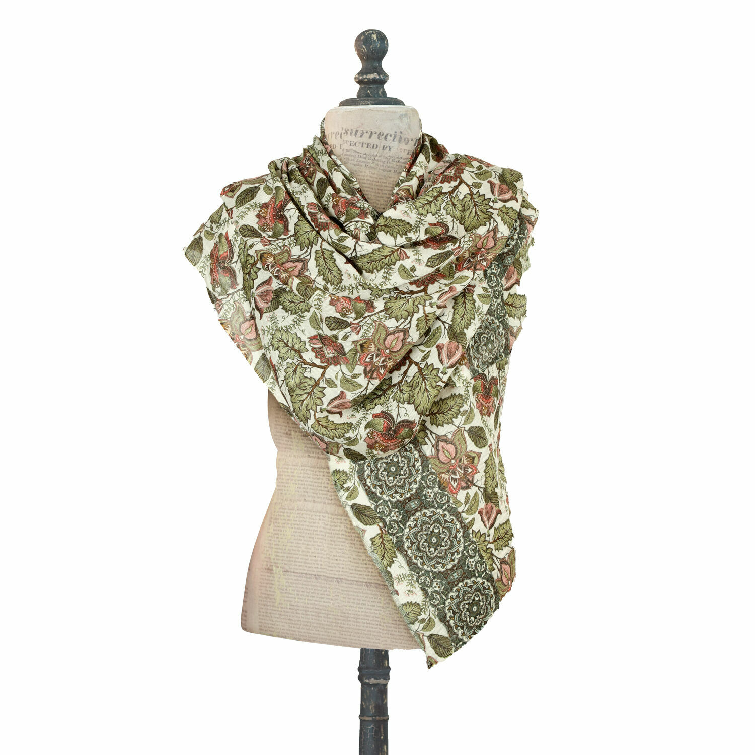Schal Presquer Leichter Baumwollschal mit grün-rosa Blumenmuster, modisches Accessoire für Frühlingsoutfits.