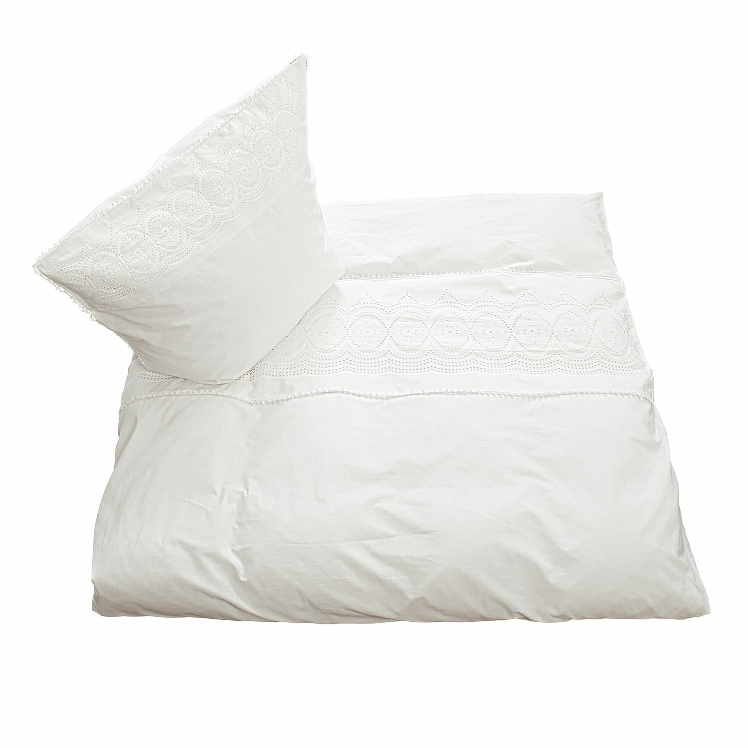 Bettwäsche Norelle Weisse Baumwollbettwäsche mit feiner Stickerei und Spitzenmuster, weich und elegant