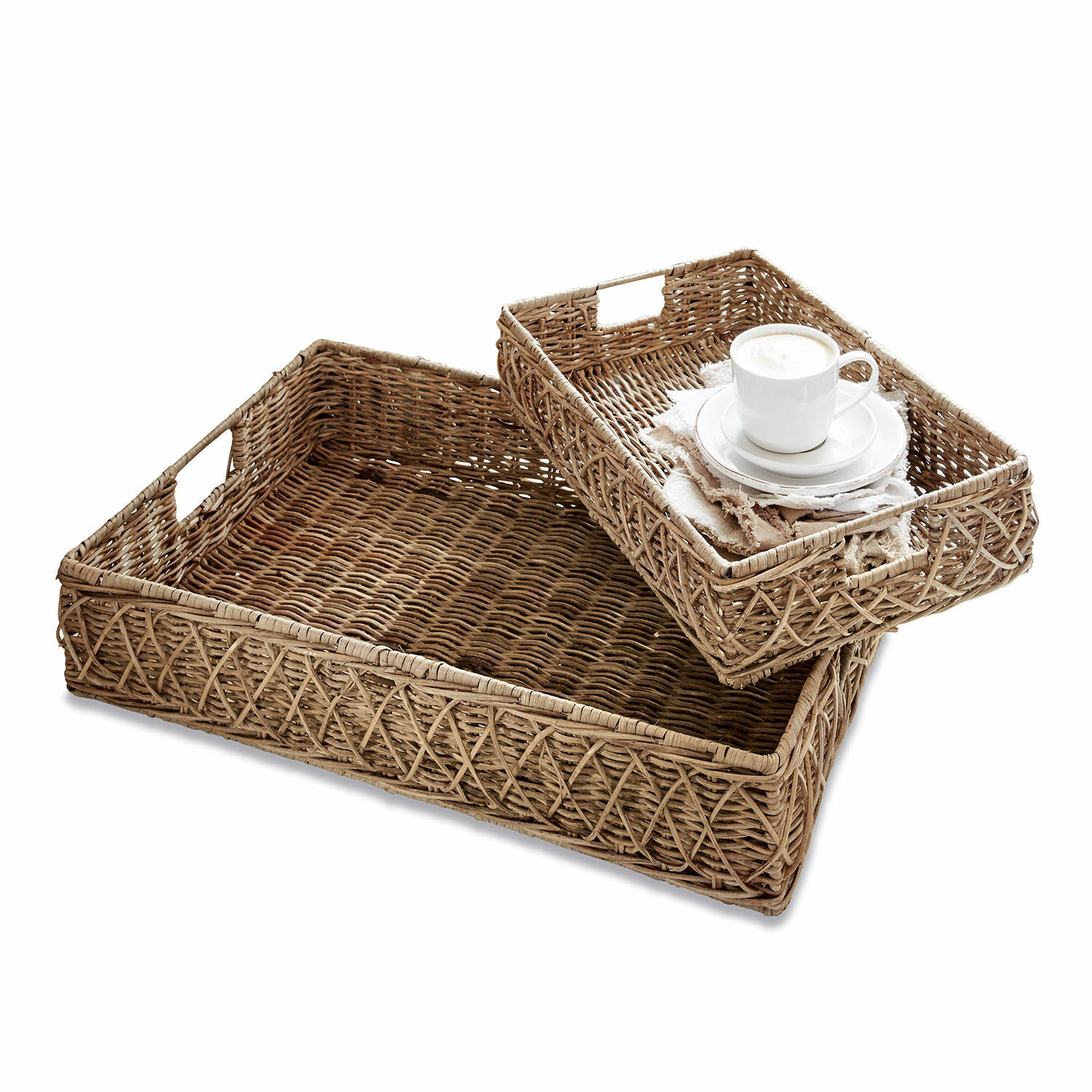 Tablett 2er Set Cordillera Set aus zwei rechteckigen Tabletts aus natürlichem Rattan zum Servieren von Getränken und Snacks