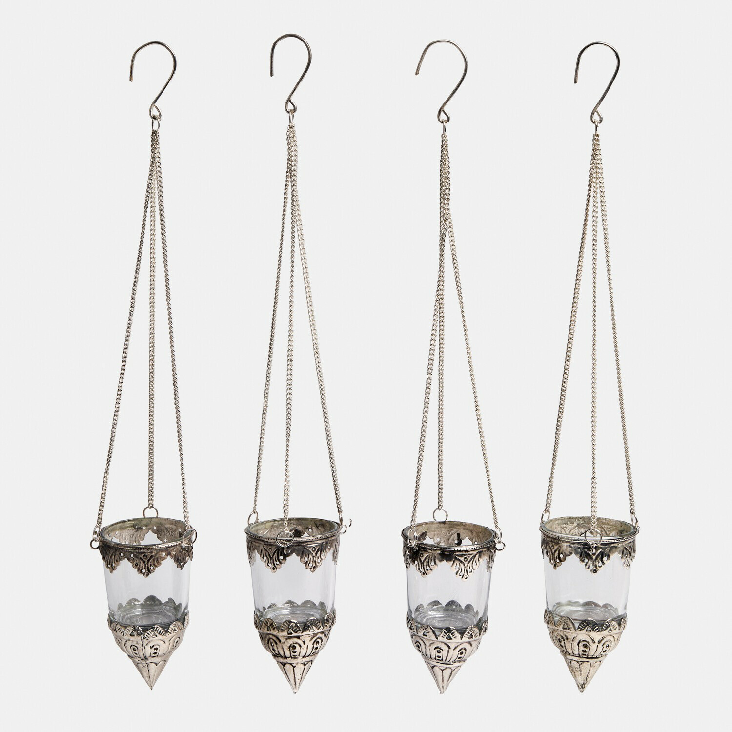 Windlichter 4er Set Céleste Vier hängende Glas-Teelichthalter mit silberfarbenem, verziertem Metallrand im Set