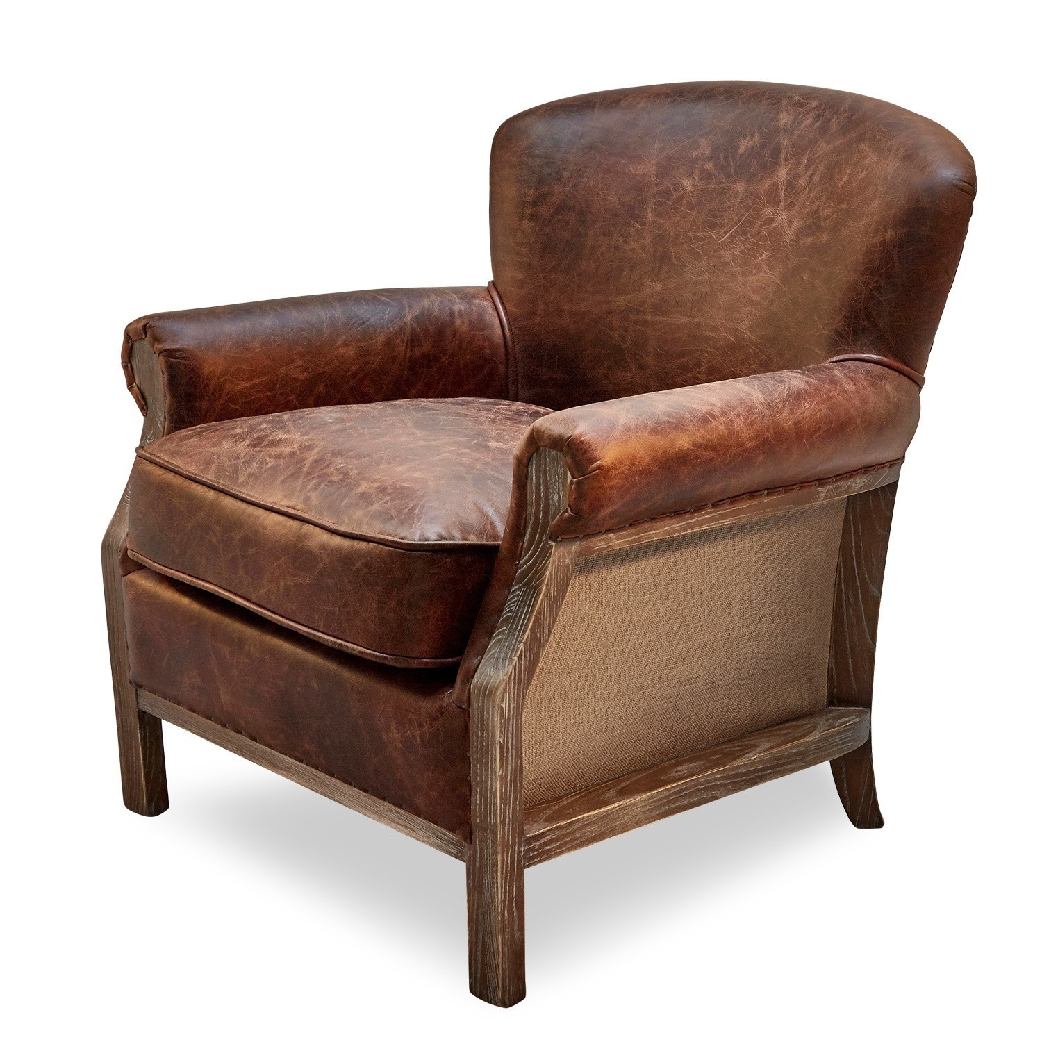 Sessel Banbury Brauner Sessel aus echtem Leder mit Holzgestell, bequemer Polstersessel fürs Wohnzimmer