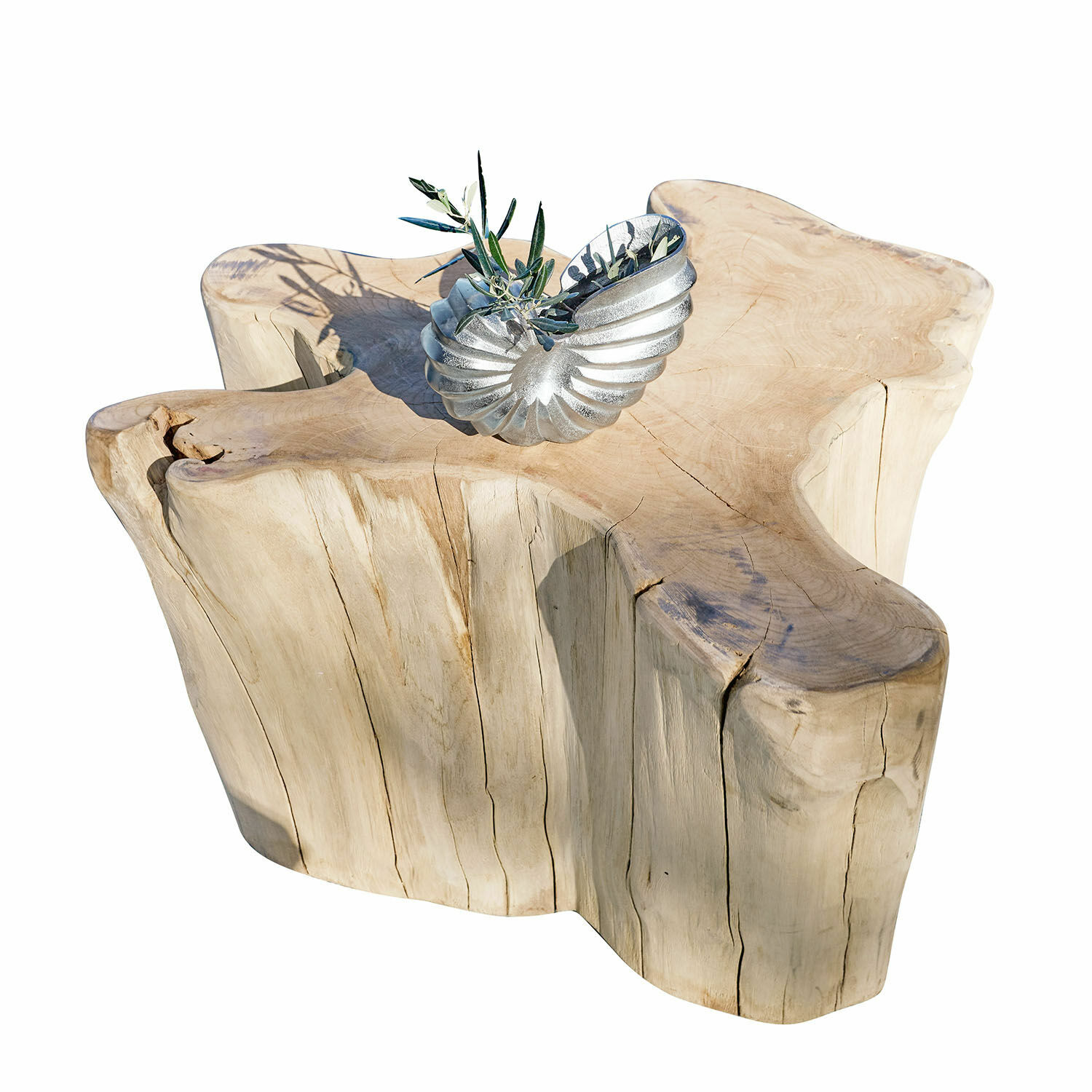 Couchtisch Dorlancourt Massiver Couchtisch aus Naturholz mit silberner Muschel-Dekoration auf der Oberfläche