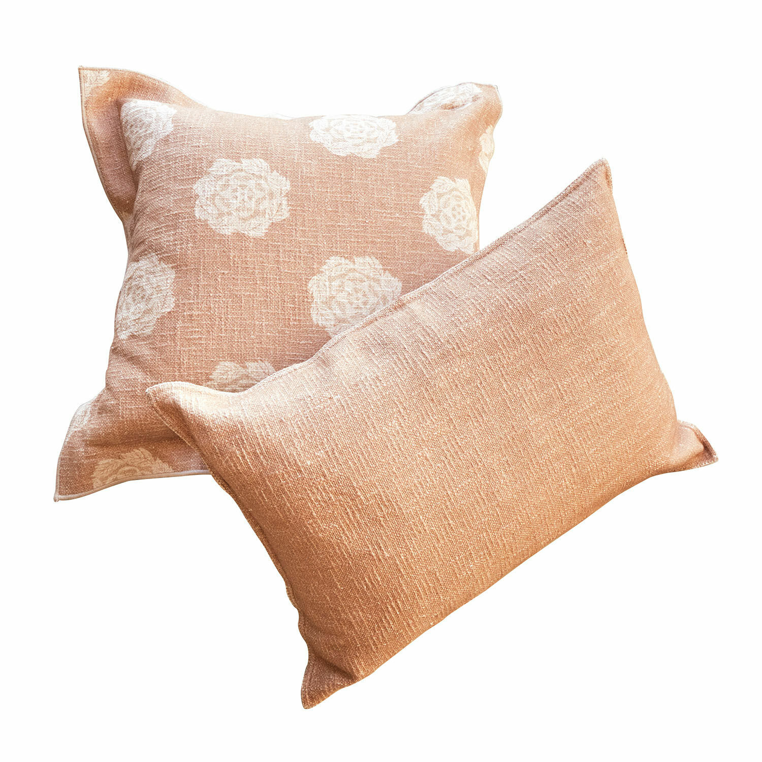 Kissenhülle 2er Set Belvienne Set aus zwei dekorativen Kissen aus pfirsichfarbenem Stoff mit weissem Blumenmuster