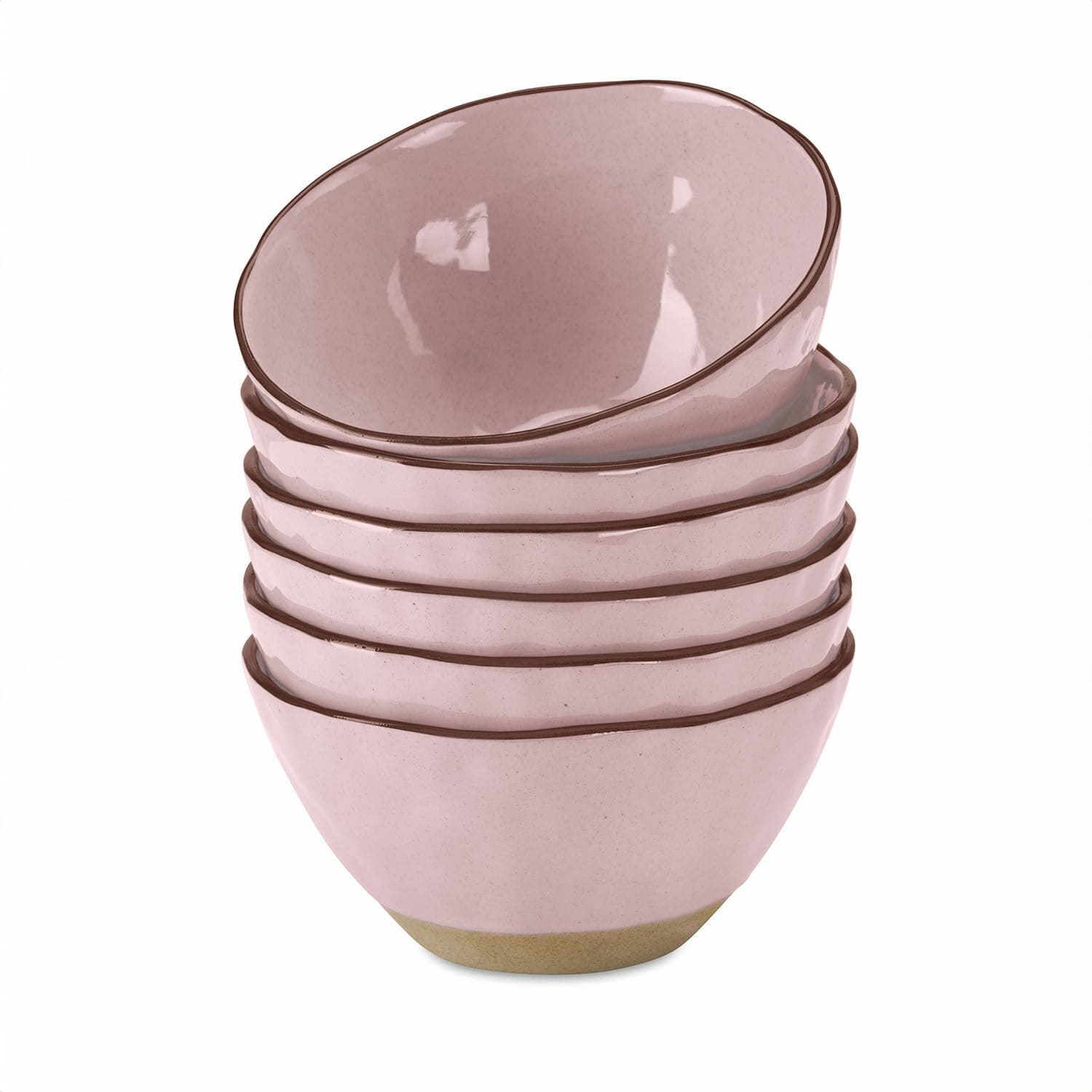Schüssel 6er Set Biarré Set aus fünf rosa Keramikschalen mit braunem Rand, ideal für Küche und Esszimmer.