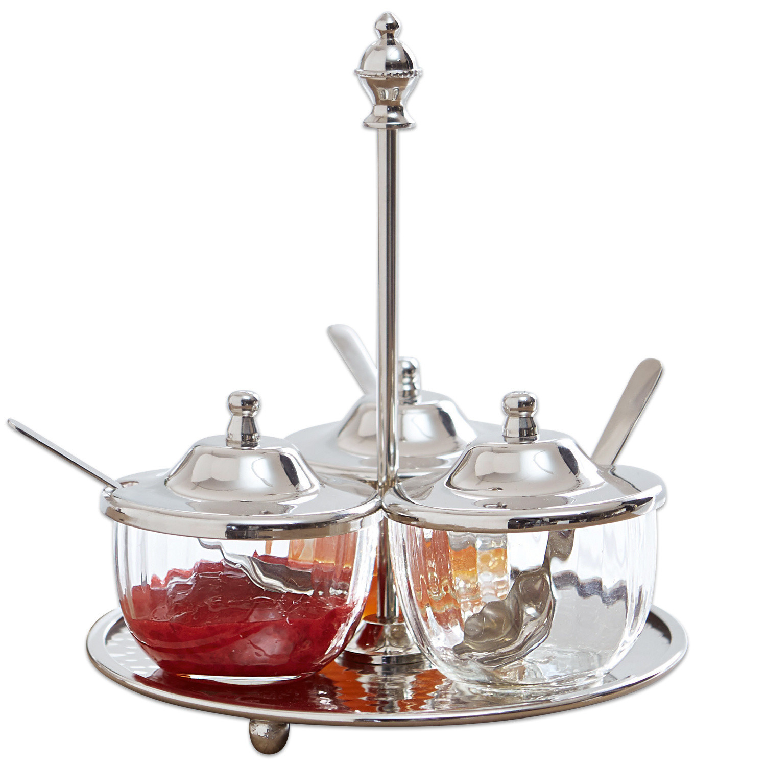 Menage Julius Set aus drei Glasbehältern mit Deckeln und Löffeln auf Metalltablett für Konfitüre