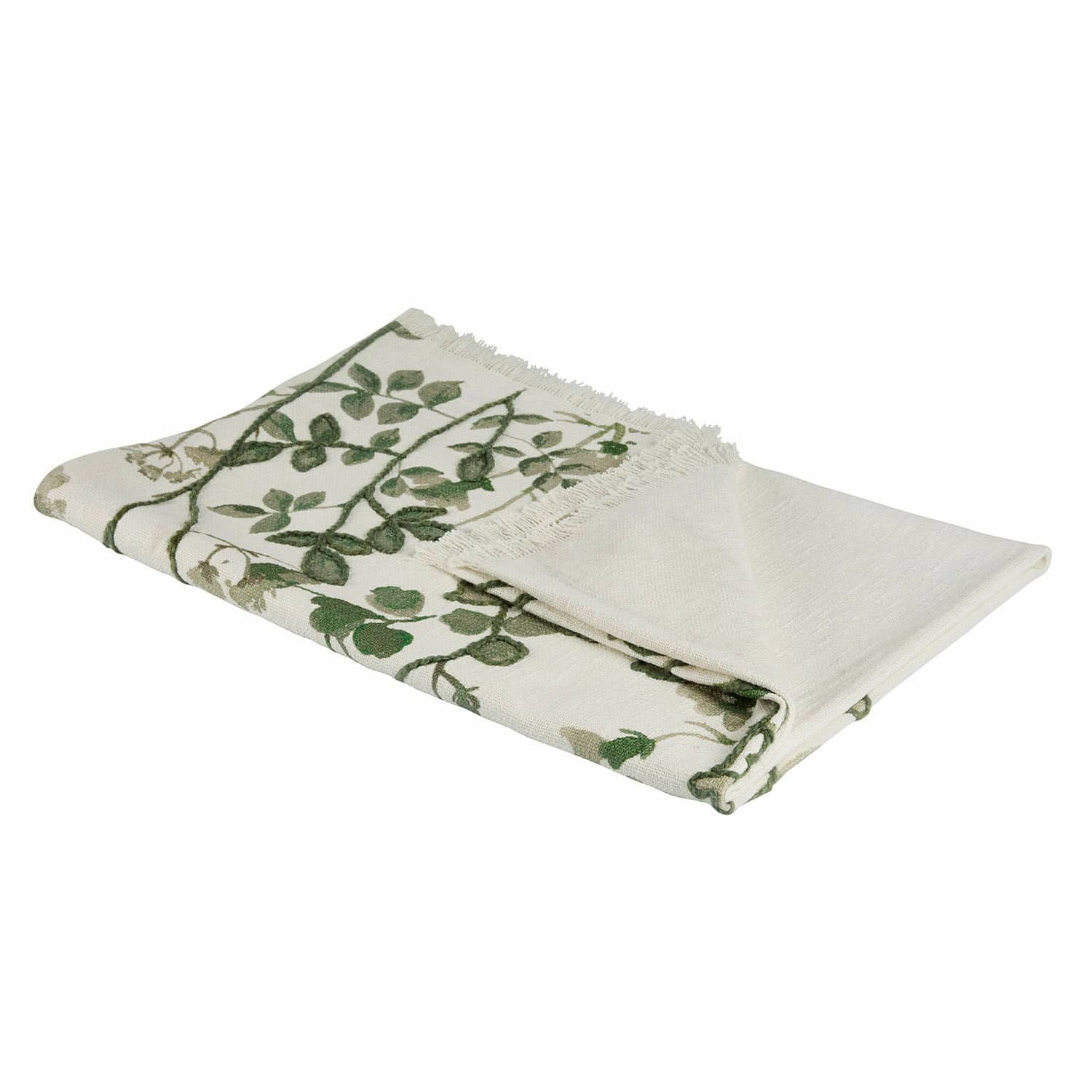 Plaid Wescombe Cremefarbene Baumwolldecke mit grünem Blattmuster und Fransen, weiches und dekoratives Wohntextil