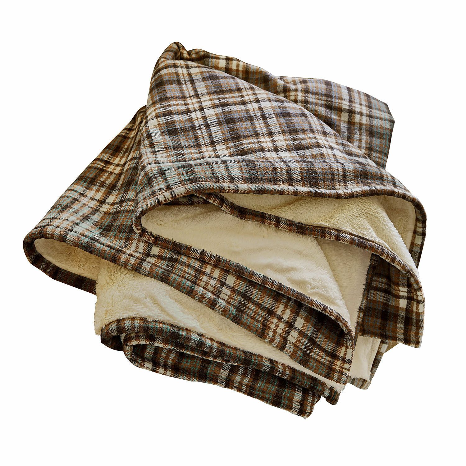 Plaid Celestria Weiche Decke mit braunem Karomuster und cremefarbenem Plüschfutter, ideal für kalte Tage.
