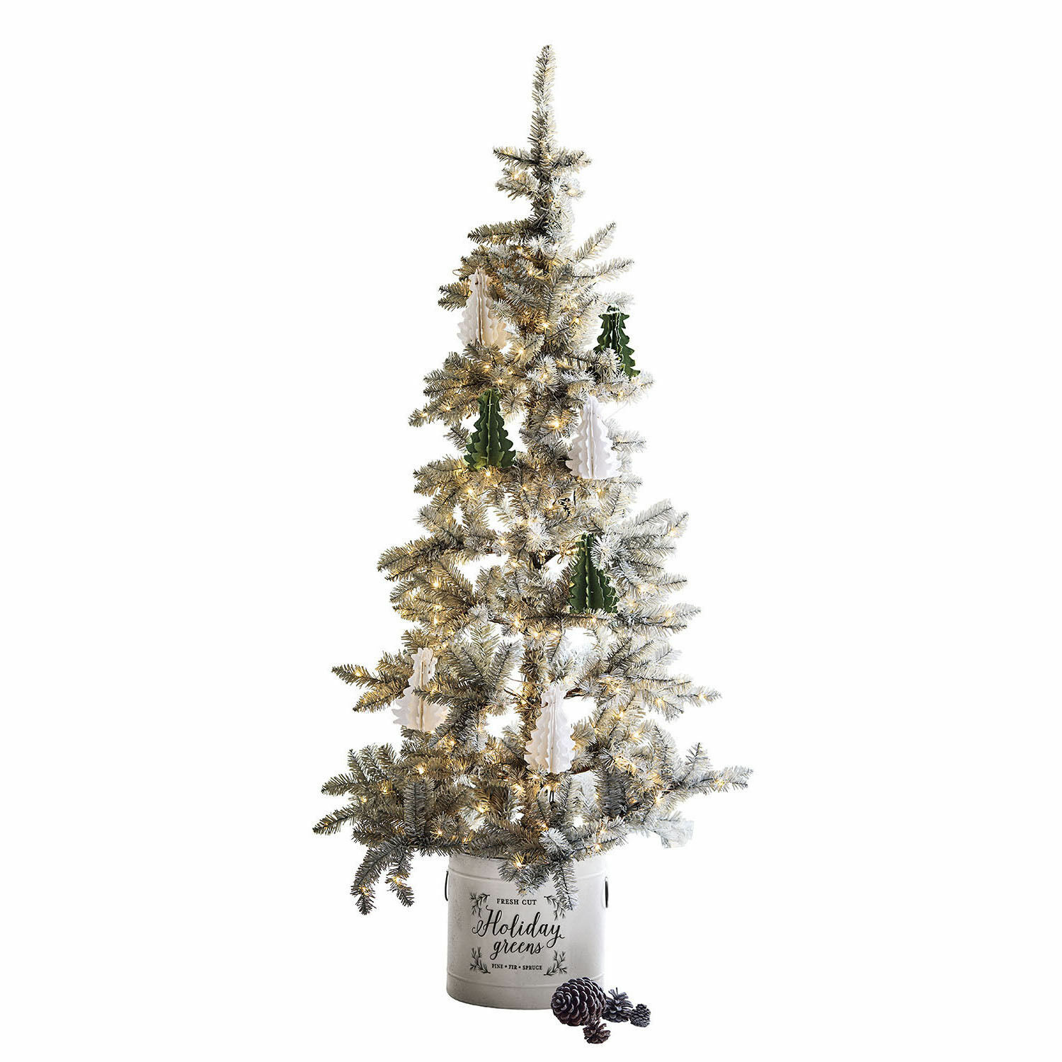 Weihnachtsbaum Sansais Künstlicher Weihnachtsbaum mit LED-Lichtern und grünen sowie weissen Dekorationen in Metalltopf