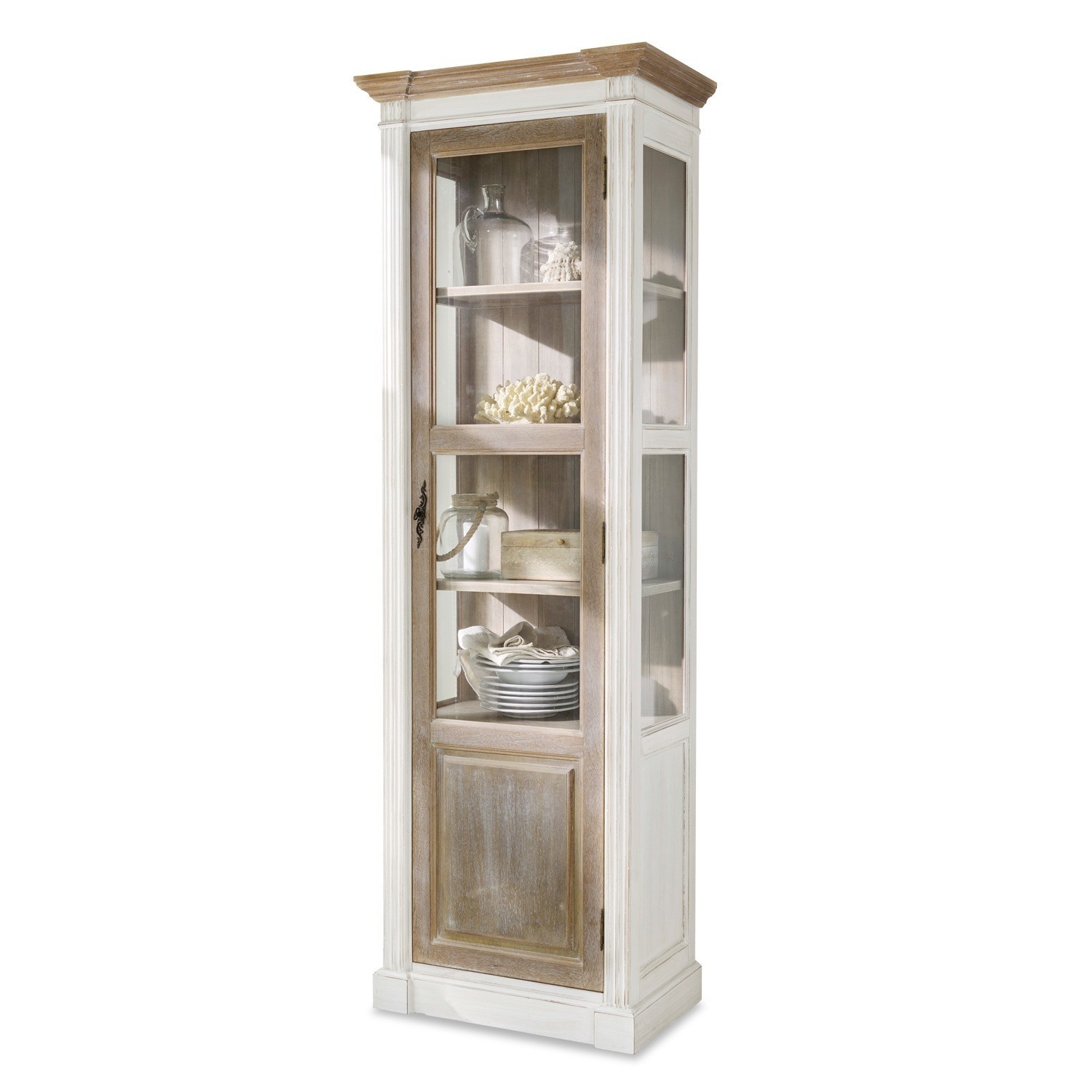 Schrank Coverton Vitrine aus Holz in Weiss und Natur mit Glastür zur Aufbewahrung von Dekoration und Geschirr
