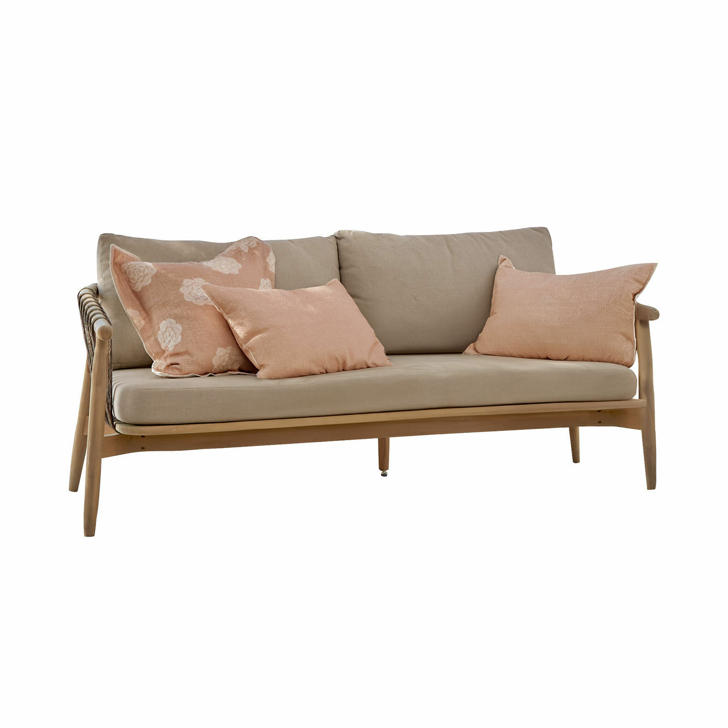 Sofa FSC®-100% Thornwick Sofa aus hellem Holz mit beigen Polstern und rosa Dekokissen für ein gemütliches Wohnzimmer