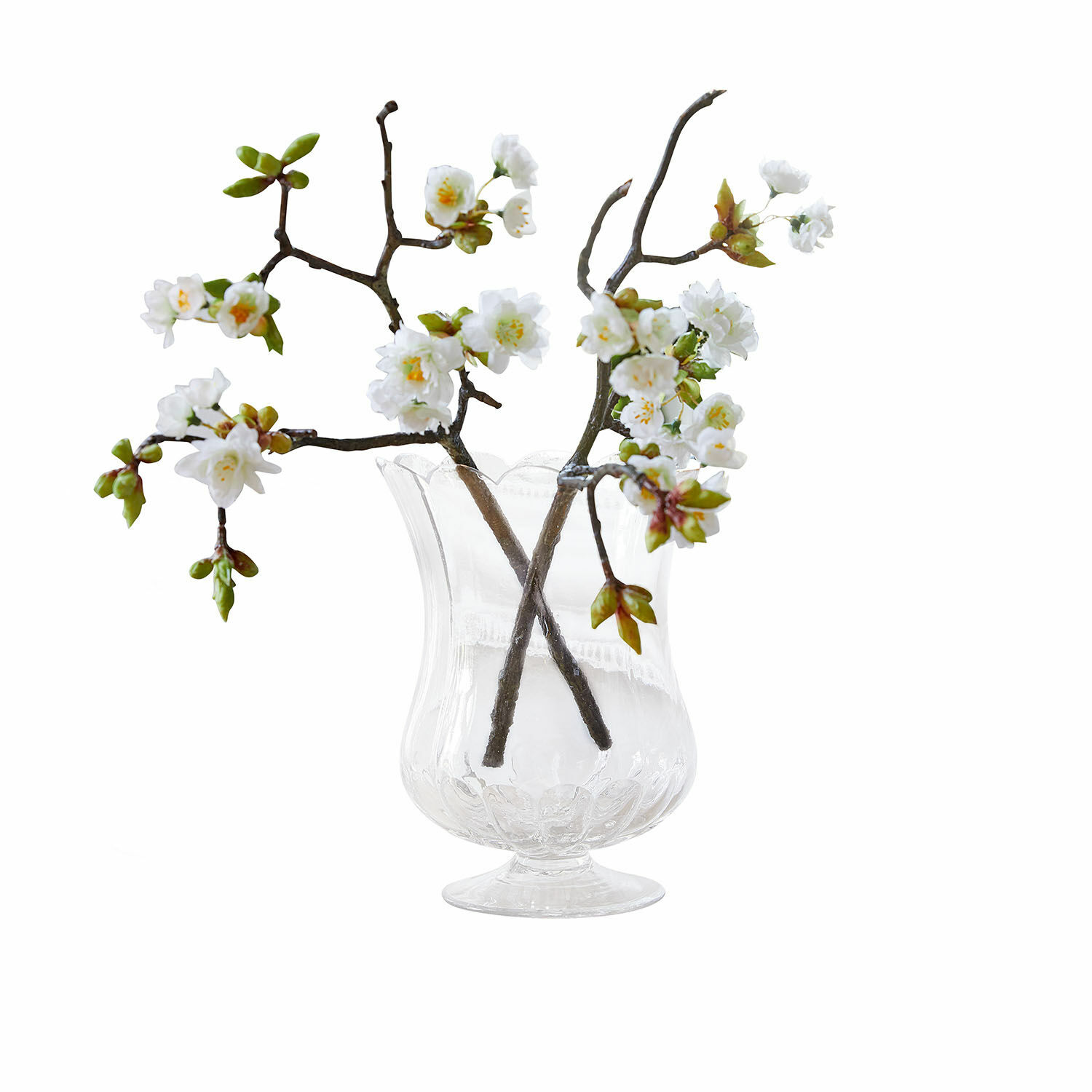 Dekoblume 2er Set Gráda Transparente Glasvase mit weissen Blütenzweigen als stilvolle Wohnraumdekoration