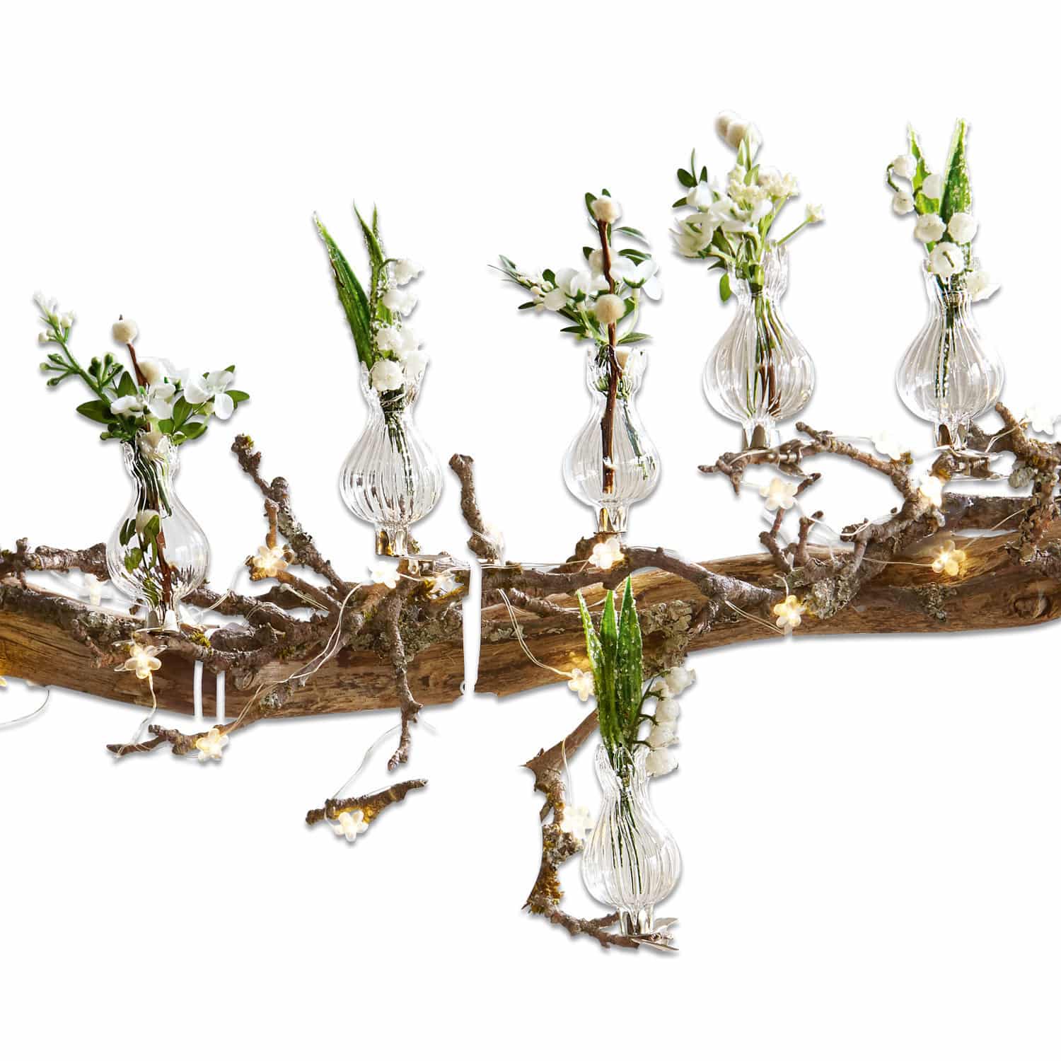 Vase 6er set Josephine Glasvasen mit weissen Blumen auf Ast mit dekorativer LED-Beleuchtung im natürlichen Stil