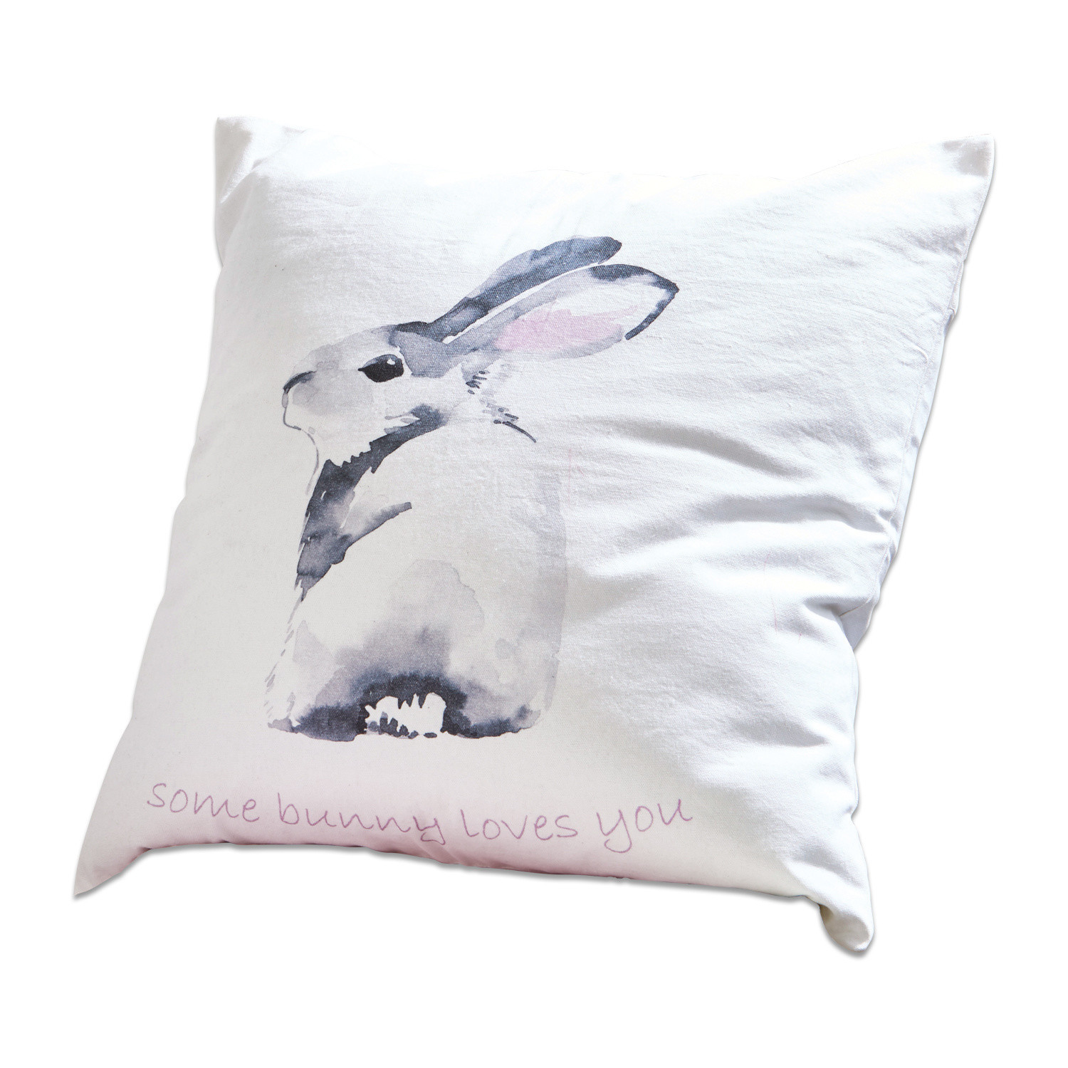 Kissen Greyson Weisse Baumwollkissen mit grauem Hasenmotiv und Schriftzug some bunny loves you