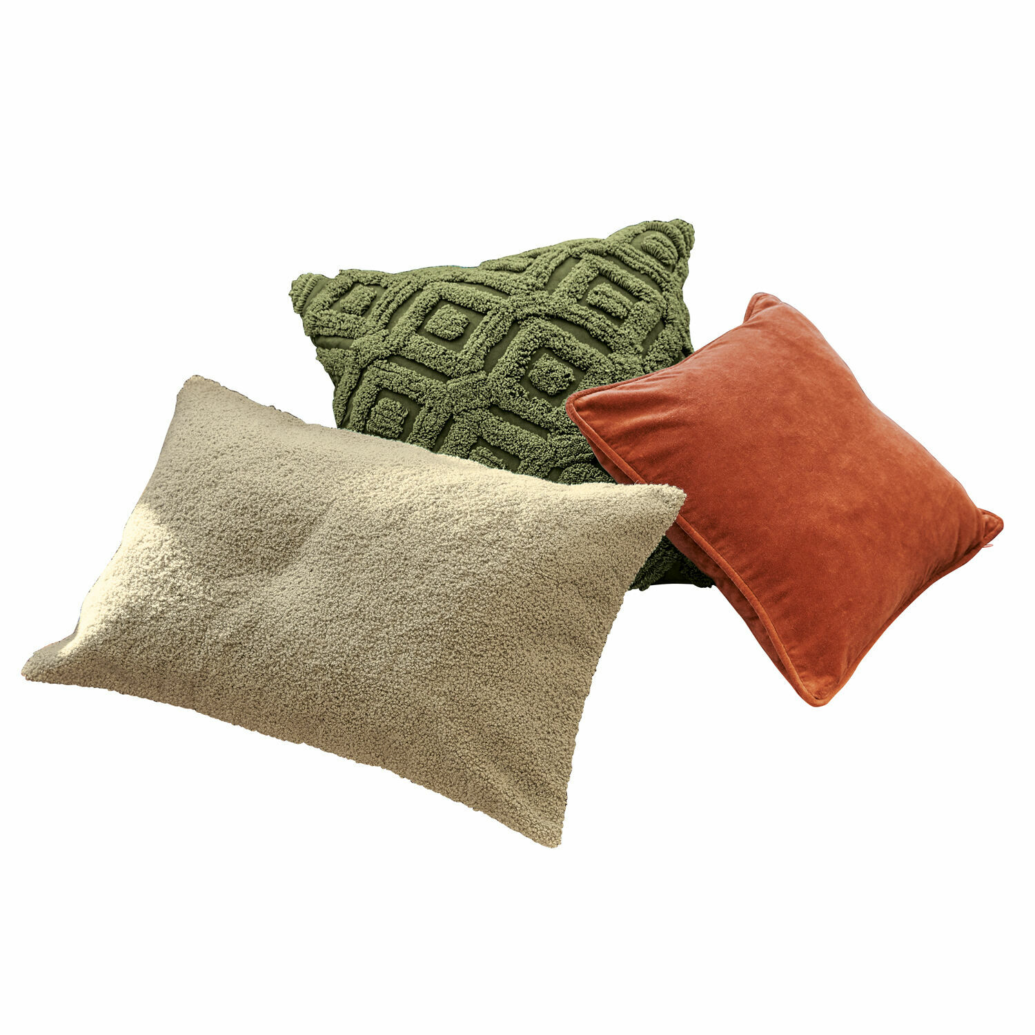 Kissenhülle 3er Set Carrie Set aus drei dekorativen Kissen in Grün, Beige und Ziegelrot für ein gemütliches Wohnen