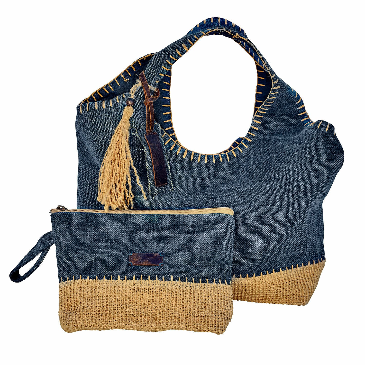Tasche 2er Set Cacula Dunkelblaue Tasche und Kosmetiktasche aus Stoff und Strohhut mit dekorativem Quastenanhänger, Boho-Stil