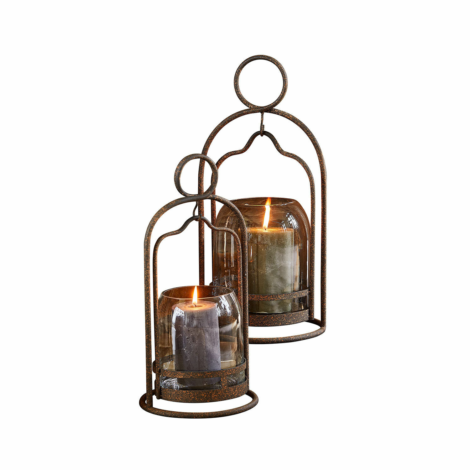 Windlicht 2er Set Émilisse Set aus zwei rostfarbenen Metall-Glas-Laternen mit brennenden Dekokerzen für eine gemütliche Atmosphäre