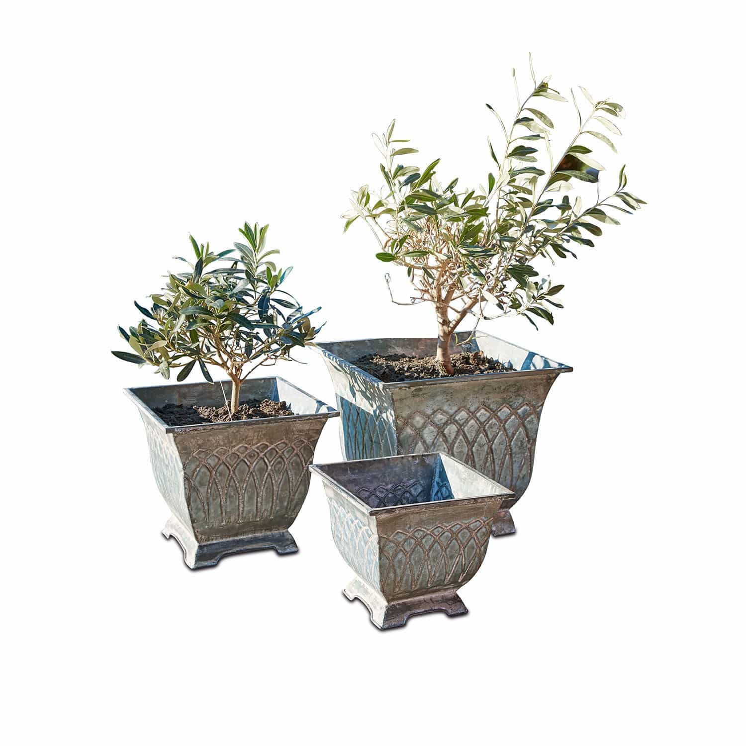 Übertopf 3er Set Klaireau Set aus drei Vintage-Metall-Blumentöpfen mit Pflanzen, dekorativ für Garten und Zuhause