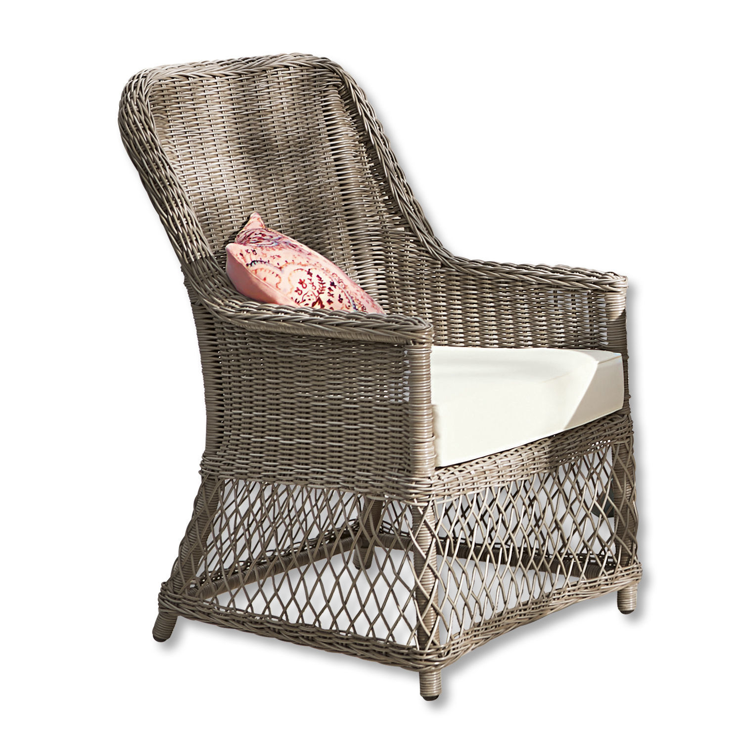 Sessel Fenris Grau geflochtener Rattansessel mit weissem Sitzkissen und rosa Dekokissen, gemütliches Wohnzimmermöbel