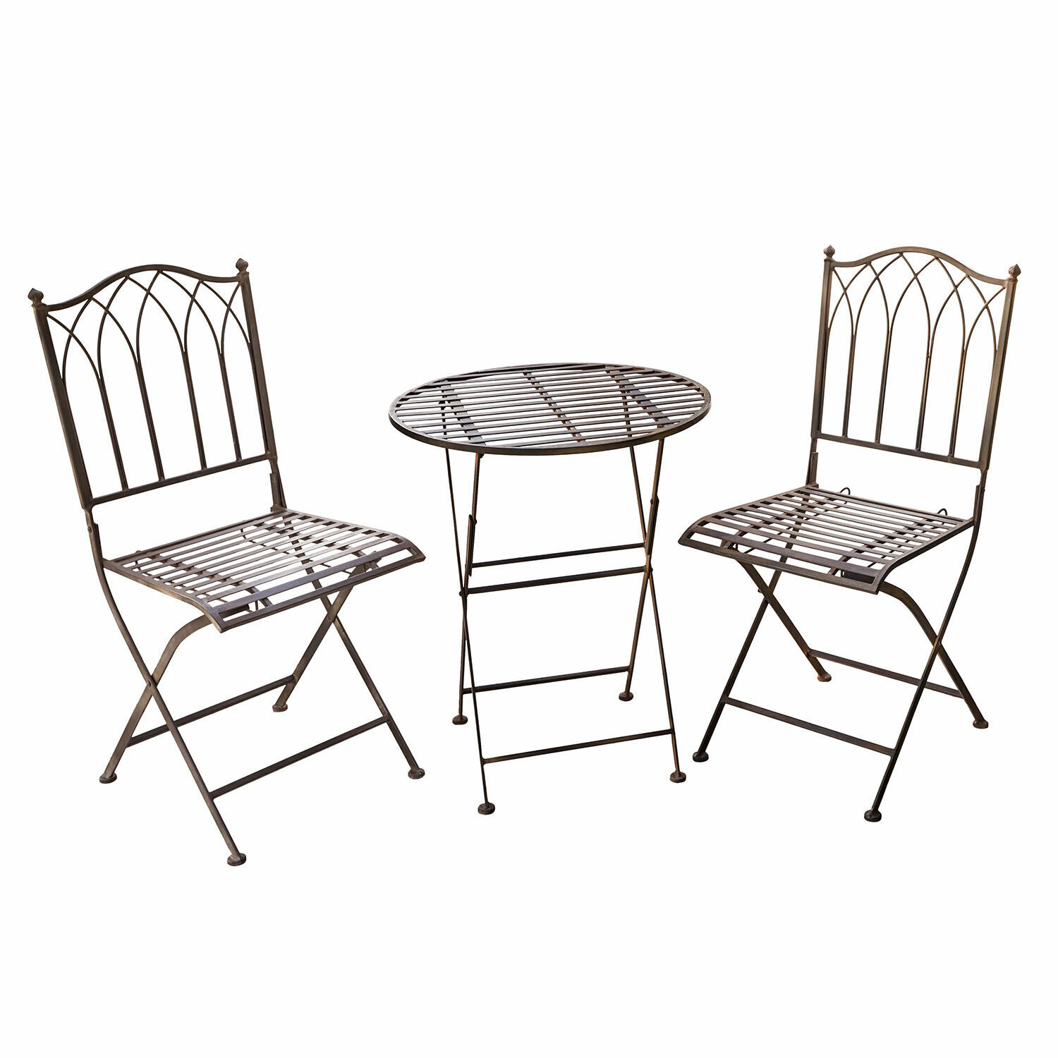 Sitzgruppe Brignoles Braunes Metall-Gartenmöbel-Set mit klappbarem rundem Tisch und zwei Stühlen
