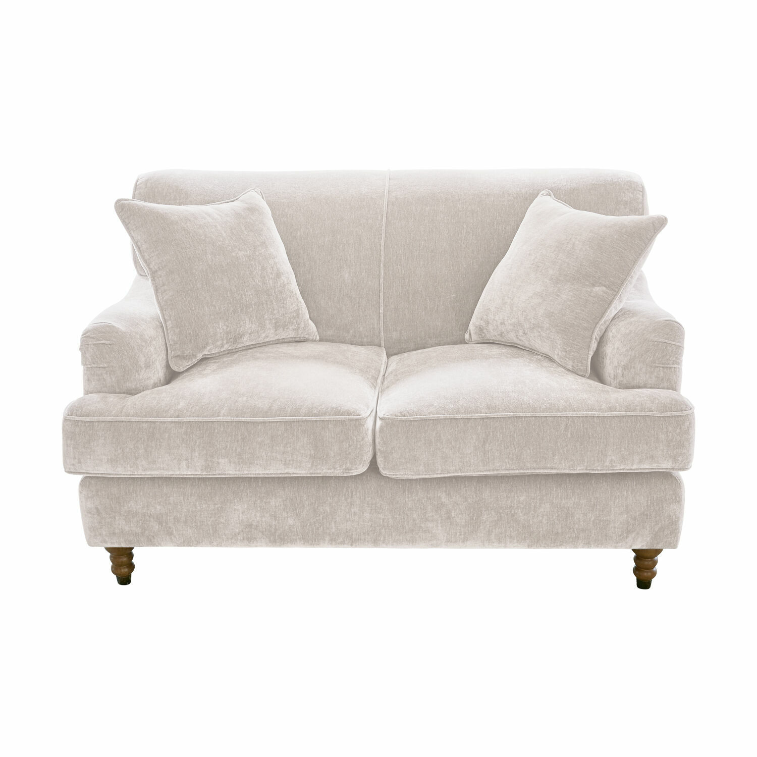 creme Cremefarbenes Sofa Isa aus weichem Stoff mit zwei Kissen und Holzfüssen für das Wohnzimmer