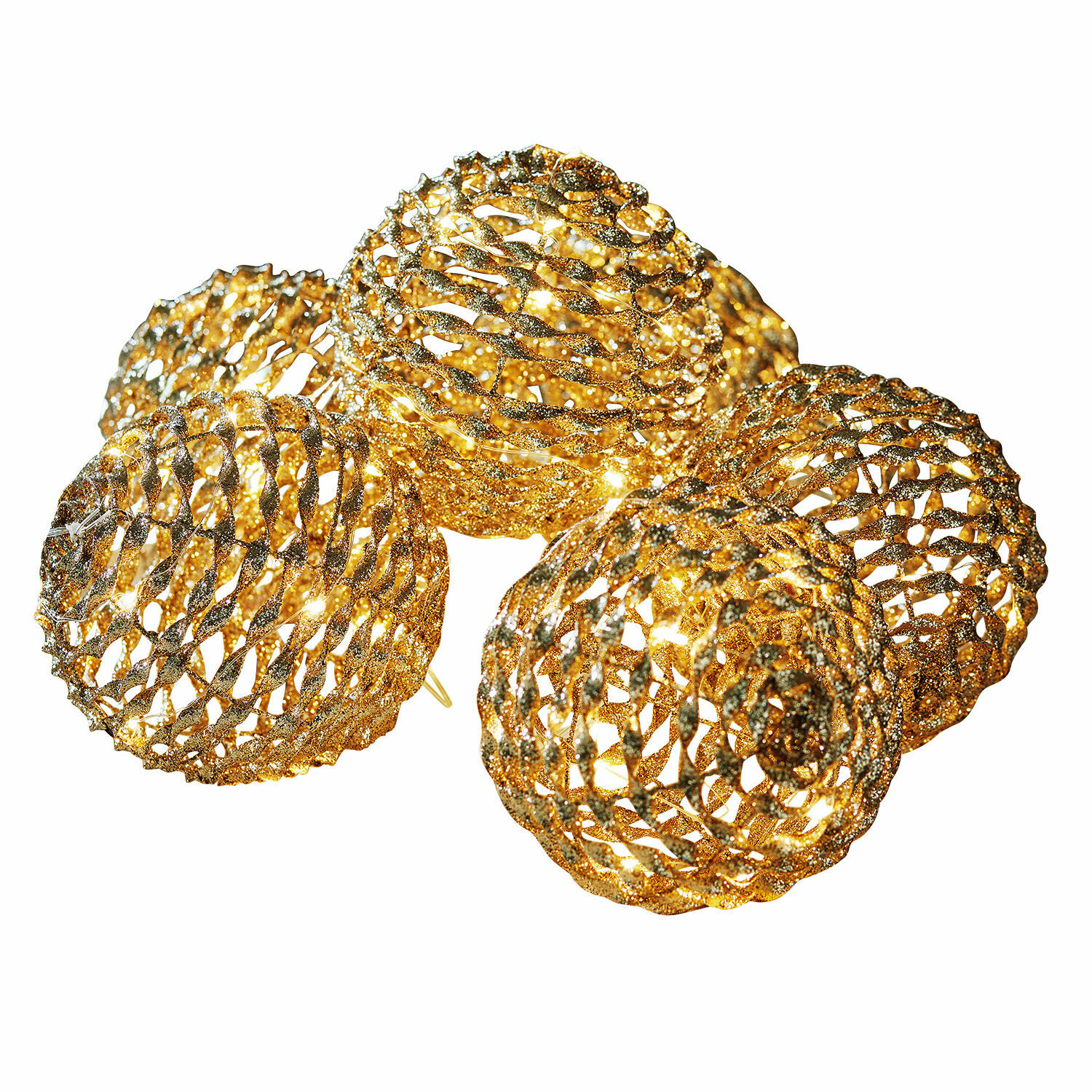 Set mit fünf goldfarbenen Metall-Dekoleuchten mit Glitzereffekt, ideal für festliche Beleuchtung