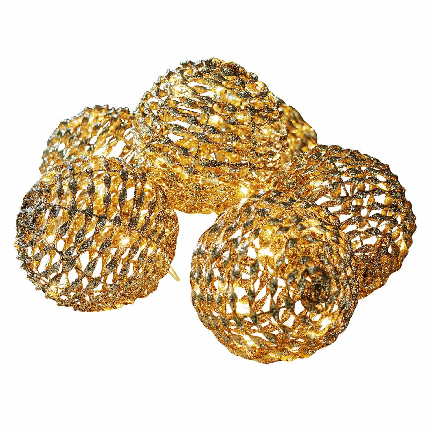 LED-Leuchtkugel 6er Set Serivane Set mit fünf goldfarbenen Metall-Dekoleuchten mit Glitzereffekt, ideal für festliche Beleuchtung
