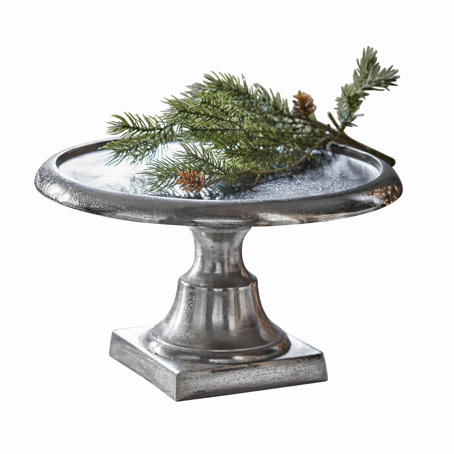 Etagere Maelora Silberner Metall-Tortenständer mit Tannenzweig-Dekor, elegantes Wohnaccessoire